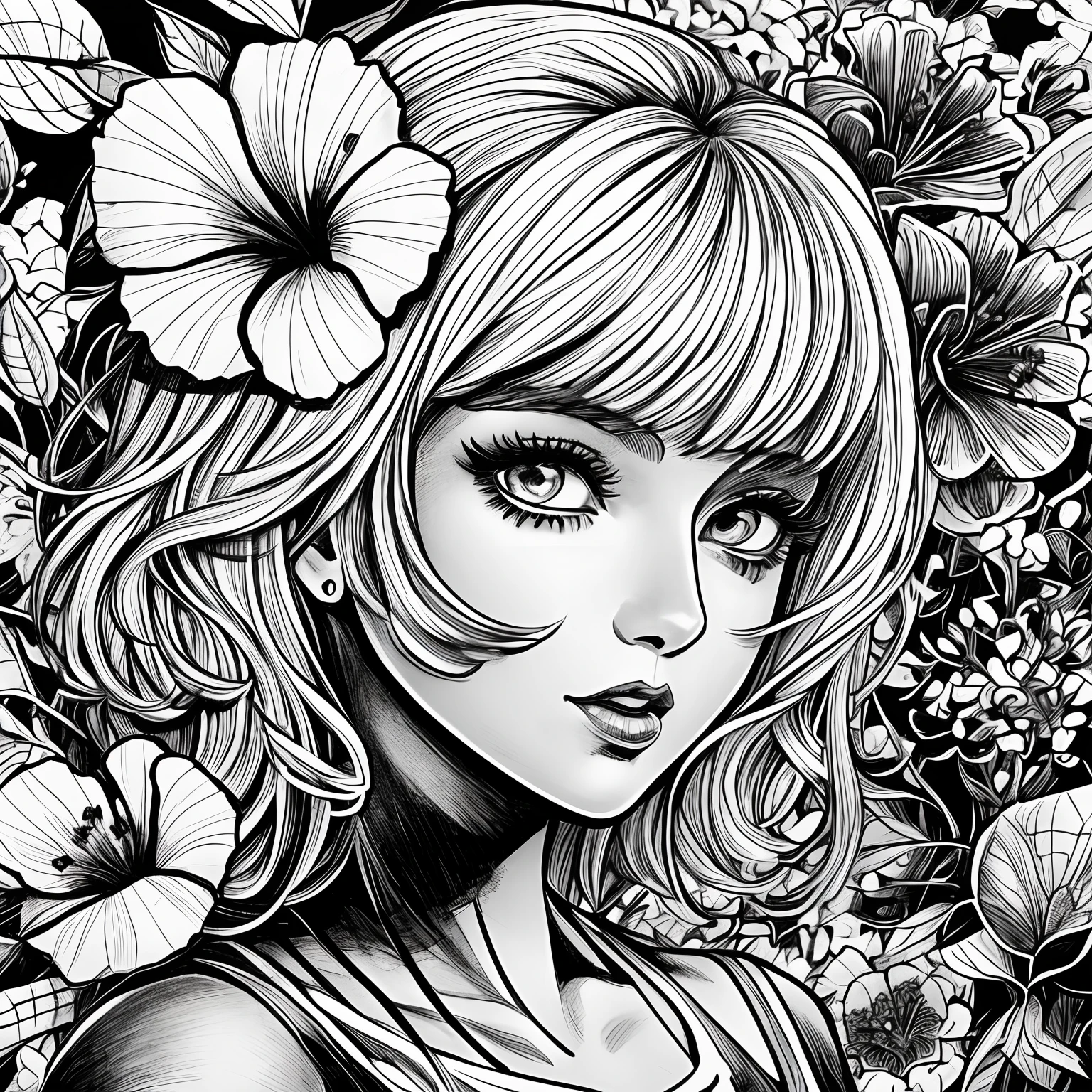 Black and white stick figure 1 girl with hibiscus flower in background, in dress with flowers, its fine ink line art, comic style, portrait of ploynesian girl, Marilyn Munroe, Hollywood glam, beautiful line art, black and white comic style, manga style, manga art style, pencil and ink caricature drawing, black and white coloring --auto --s2