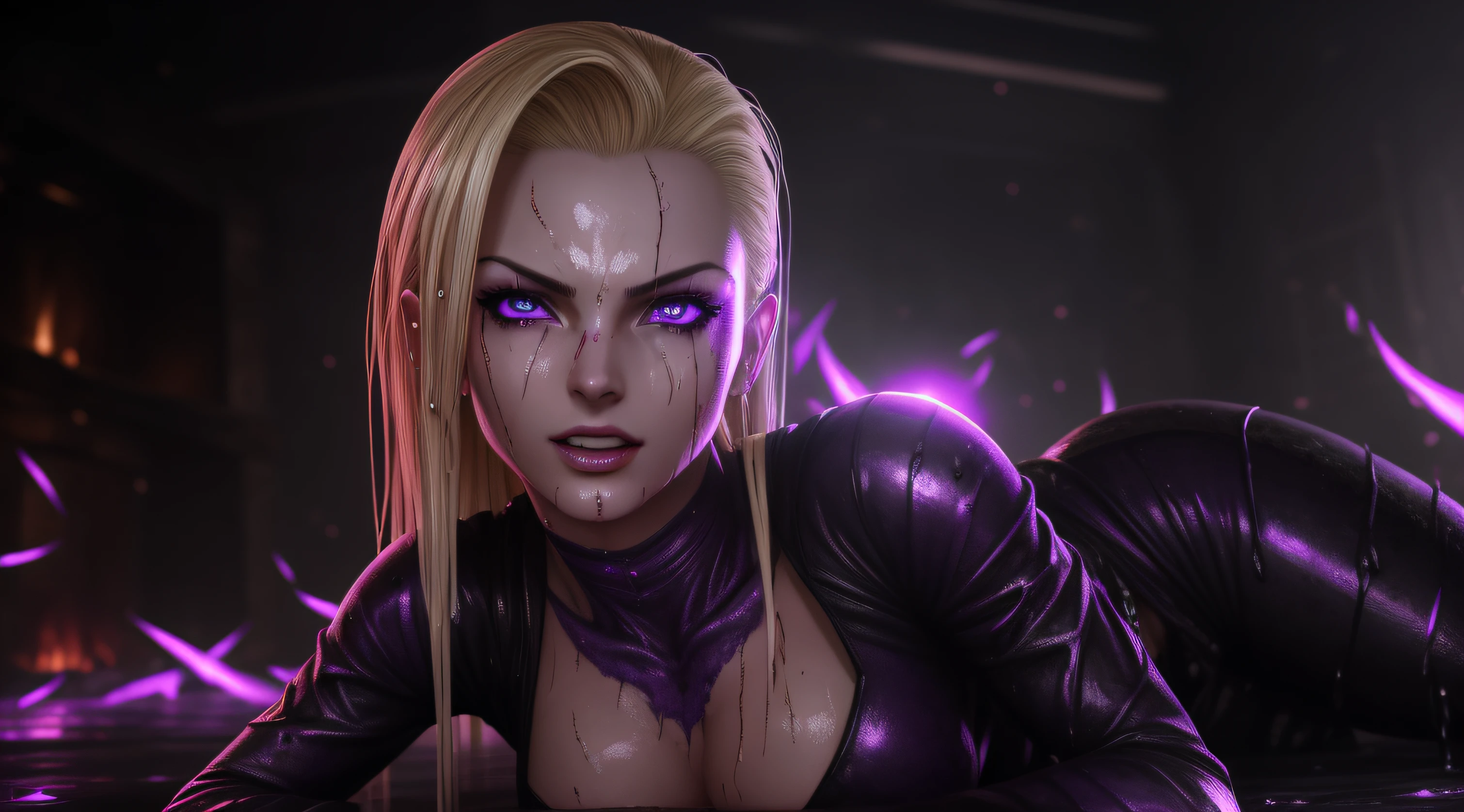 sexy android 18, Glow, seductive, glowing purple eyes , sexy , (ultra photorealistic:1.3), (masterpiece:1.4), best quality, ((realistic)), high quality, ultra detailed, ((real image)), ((realistic skin)), ((realistic face)),(illustration:1.05), (beautiful:1.05), (beautiful detailed eyes:1.05), (cinematic light:1.1), Extremely realistic , evil , wet ,corrupted , black veins ,parasites , dark energy , swarm, hive , grin , sadistic, wet , bloody ,