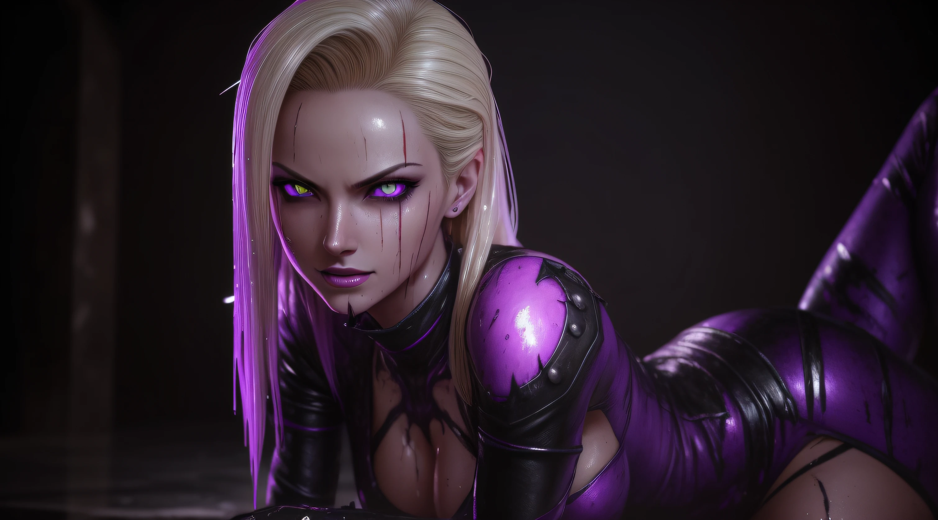 sexy android 18, Glow, seductive, glowing purple eyes , sexy , (ultra photorealistic:1.3), (masterpiece:1.4), best quality, ((realistic)), high quality, ultra detailed, ((real image)), ((realistic skin)), ((realistic face)),(illustration:1.05), (beautiful:1.05), (beautiful detailed eyes:1.05), (cinematic light:1.1), Extremely realistic , evil , wet ,corrupted , black veins ,parasites , dark energy , swarm, hive , grin , sadistic, wet , bloody ,