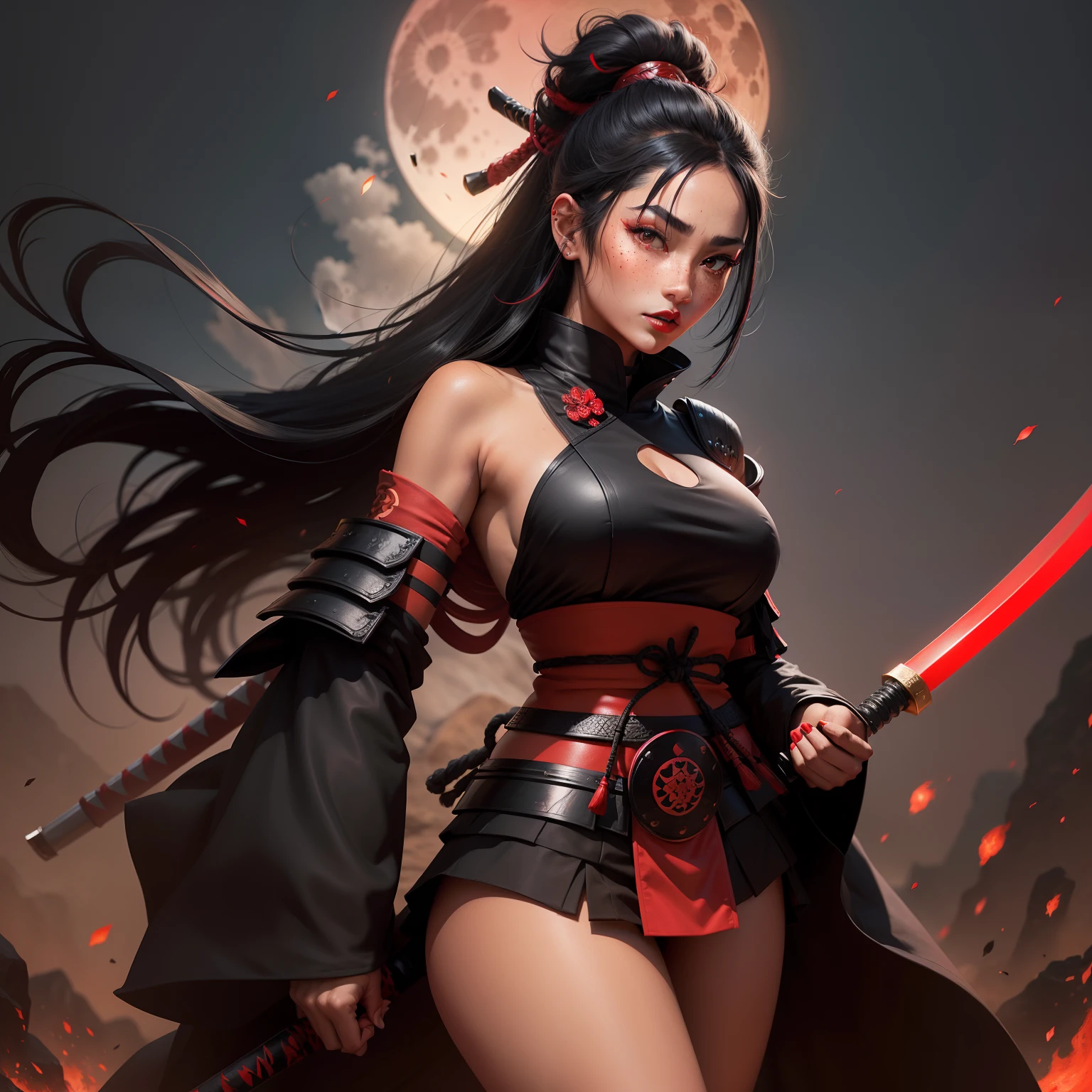 First Female samurai warrior, jet black hair, dark skinned tanned, red black, bright moon, freckles on the face, red lipstick, full body