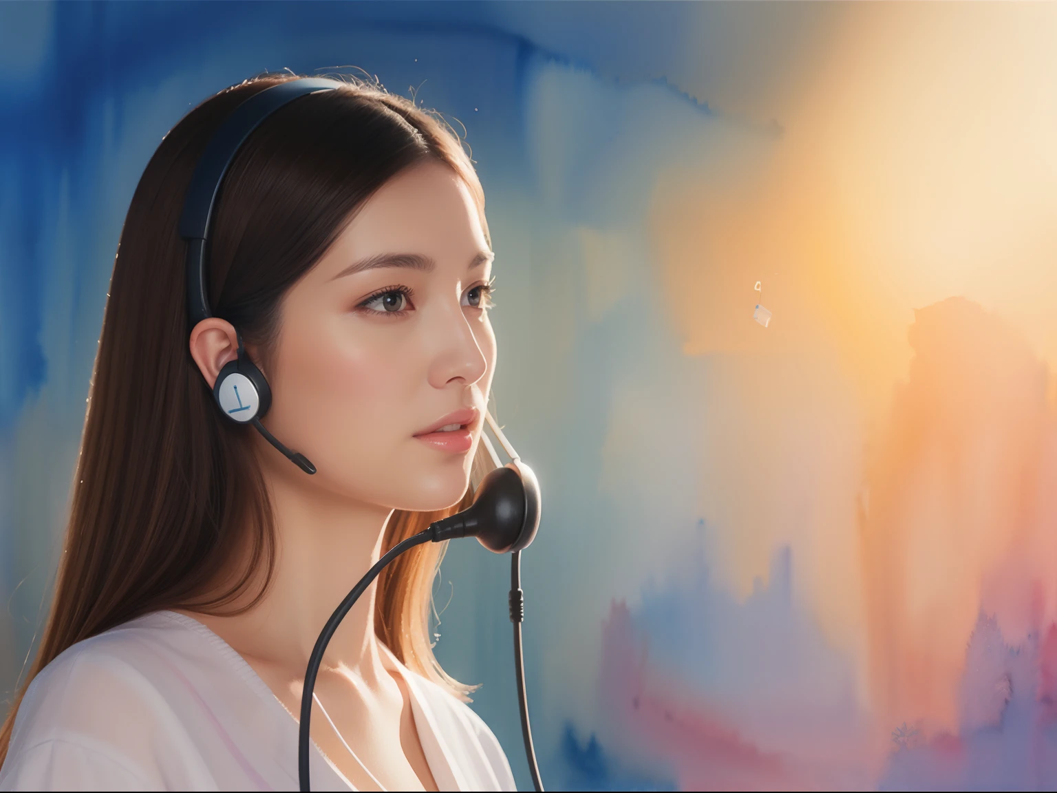(watercolor paiting), 1womanl, 40 years, realisitic, call center, headset on head、Realistic light