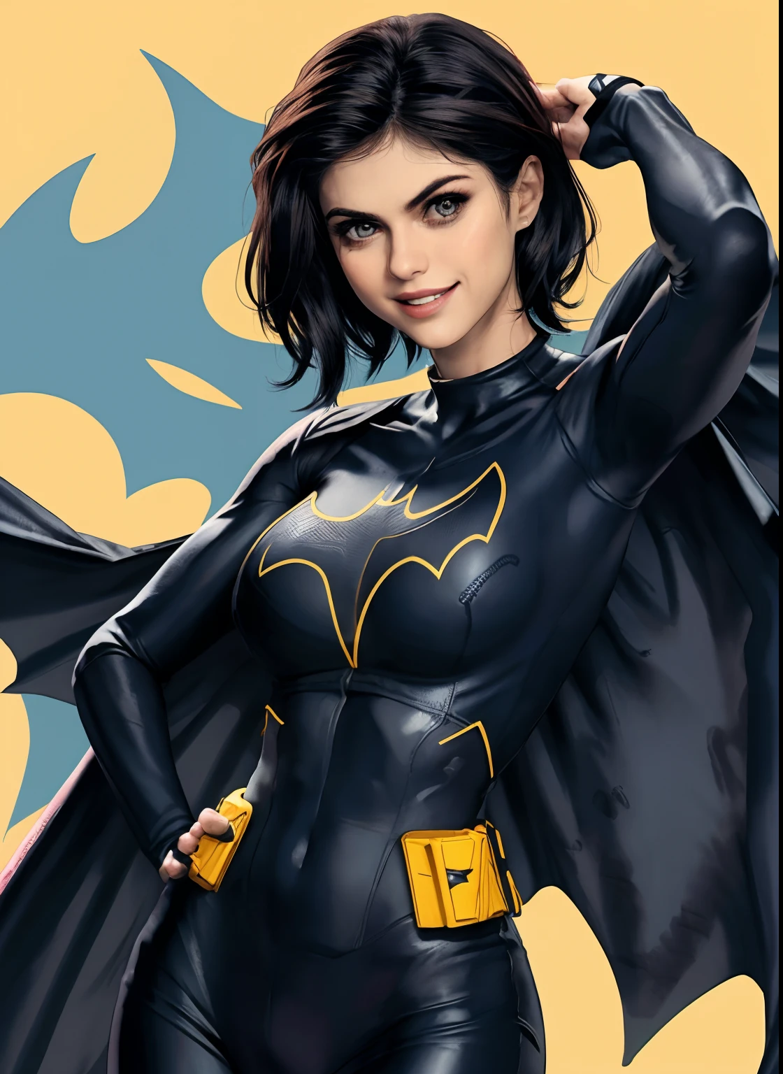 (obra-prima, melhor qualidade), 1girl, solo, Alexandra Daddario, batgirl terno, cabelo preto, olhos castanhos, sorriso, (((seios muito gigantes, voando com a capa aberta))),
akihabara, dos mortos, noite, de cima, Standing roof, centro de jogos,