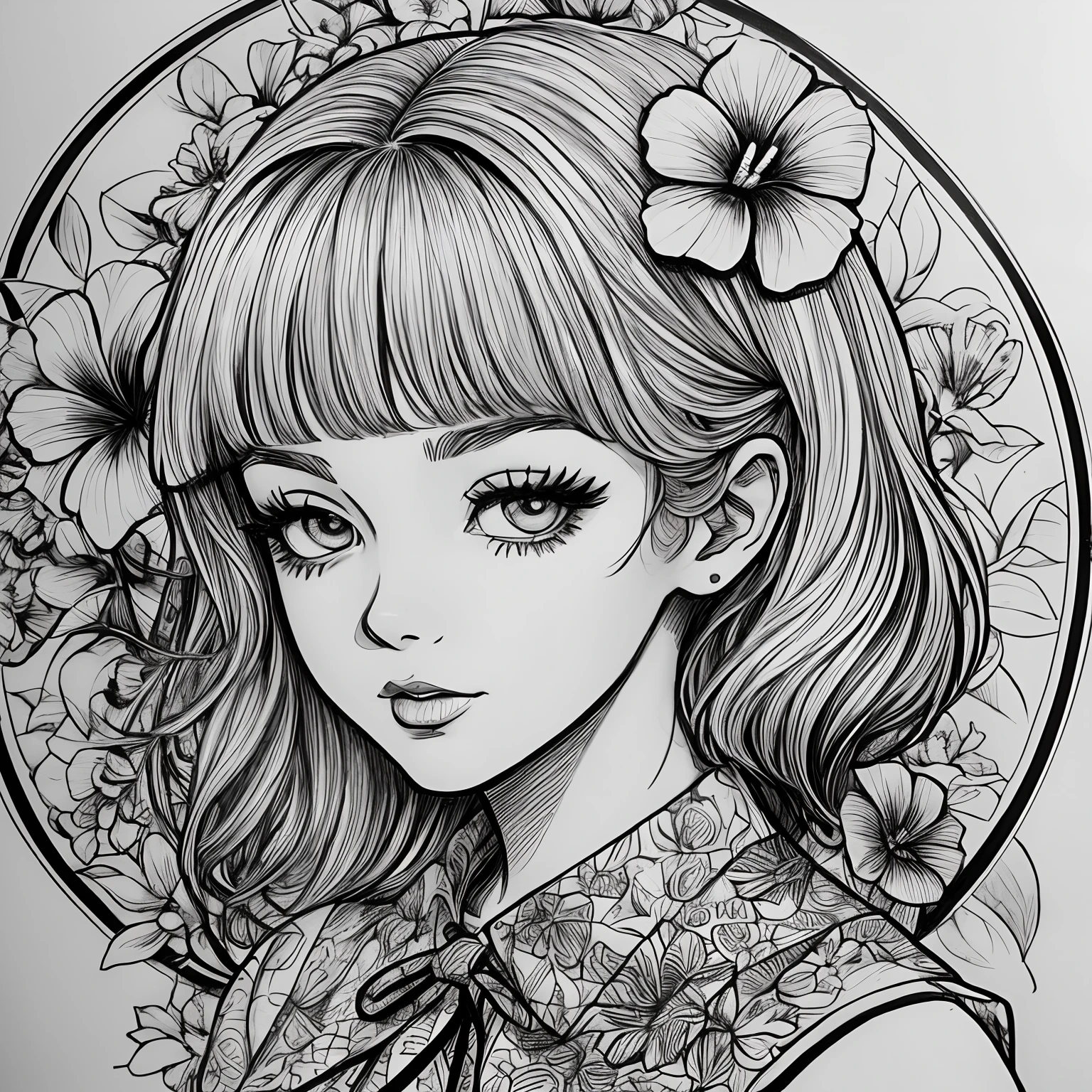 Black and white stick figure 1 girl with hibiscus flower in background, in dress with flowers, its fine ink line art, comic style, portrait of ploynesian girl, Marilyn Munroe, Hollywood glam, beautiful line art, black and white comic style, manga style, manga art style, pencil and ink caricature drawing, black and white coloring --auto --s2