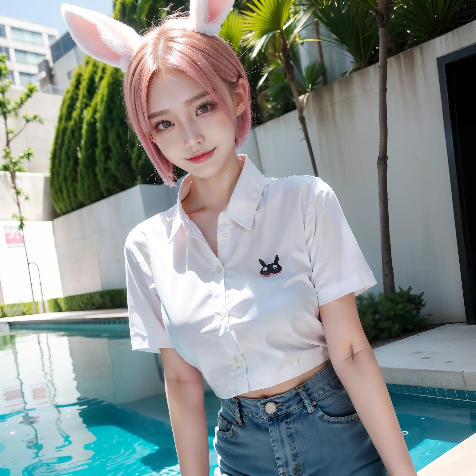 swimming pools、Short shirts、Realistic rabbit ears、White shirt、rabbit ears sticking out of the head,,,,,、Pink hair、Korean Beauty、Uncomfortable hand shape、K-POP、AKB48、Pink rabbit ears、1 girl in、独奏、Jeans pants、masterpiece、top-quality、realisitic、Hyper-detailing、(Glossy skin:1.4)、Lustrous smile、Smiling eyes、Smiling lips、absurderes、Looking at the camera、short pink hair、red eyes、Red Eyes、Slender beauties、动态照明、hight resolution、foco nítido、depth of fields、Detailed eye、Sharp eyes、Realistic eyes、(thick thight:1.0)、Beautuful Women:1.4、Slender Abs:1.2、((Short-cut bob hair))、((k pop:1.3))、Highly detailed facial and skin texture、((魅惑的))、Anatomically correct number of fingers、beautiful pink nails、Correct anatomy、