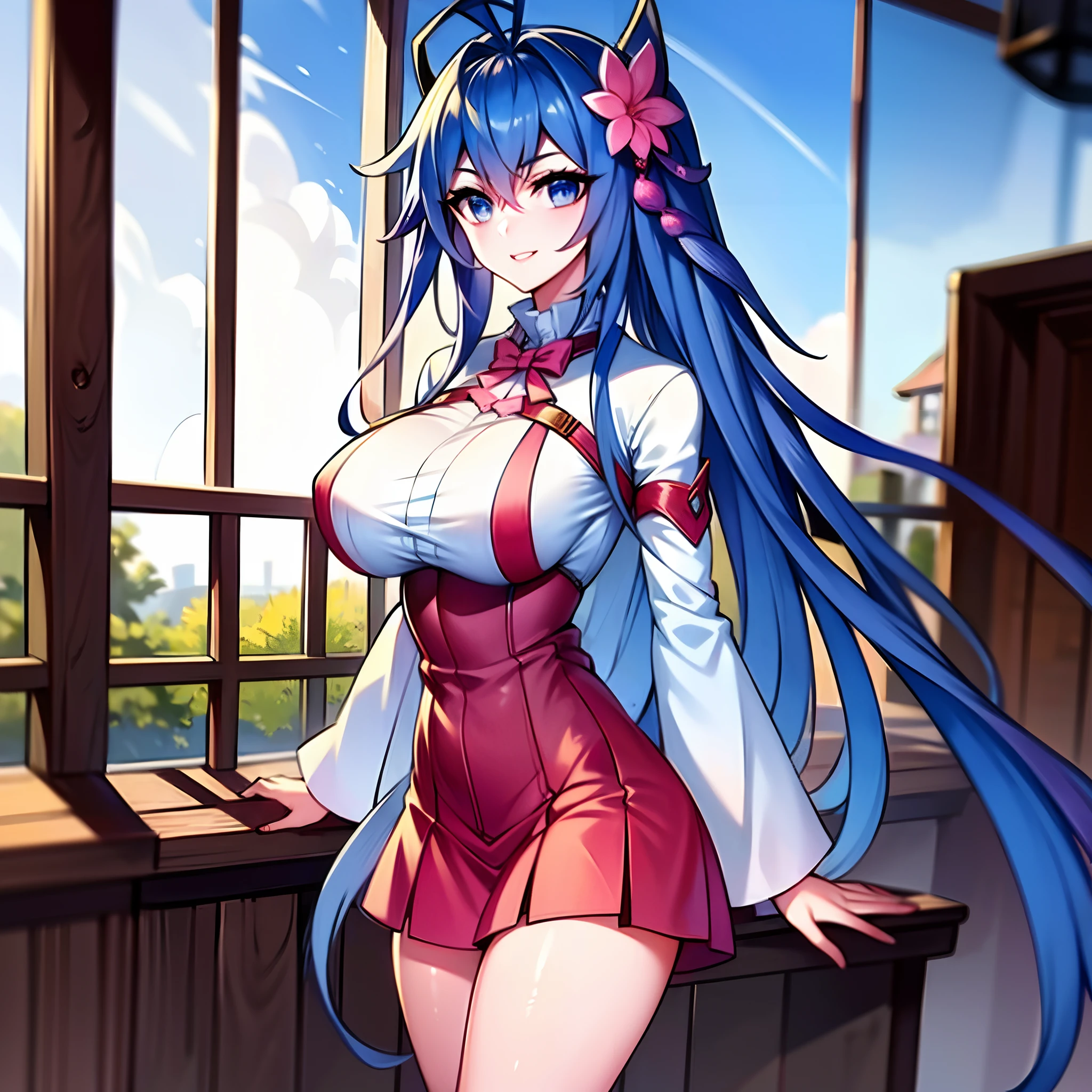 (masterpiece: 1.2),  best quality, ultra high res, shiny skin, mature female, fashi-g, ultra high res, perfect anatomy, best shadow, best quality, ((1girl, solo)), hair ornament, very long hair, huge breasts, smile, looking at viewer, very long hair, long sleeves, flower, blue eyes, blue hair, bangs, hair between eyes, short dress, high boots, flower, cloudy sky, full body