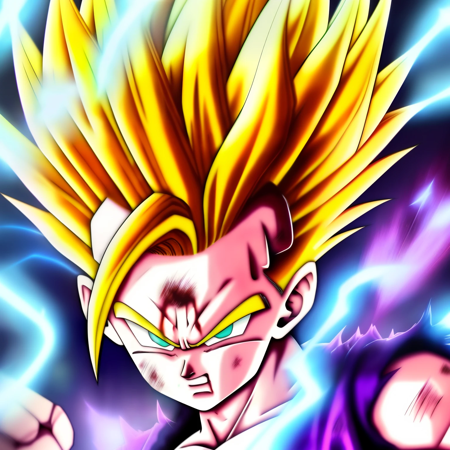 A Gohan Super Sajan 2 , digital art, master piece, scratches,  head,anatomically correct, (((8k resolution))) , super sayan two hair, Inspirate by Son Gohan Super Sayan 2 by Dragon Ball Z, 1 character , a lock of bangs.