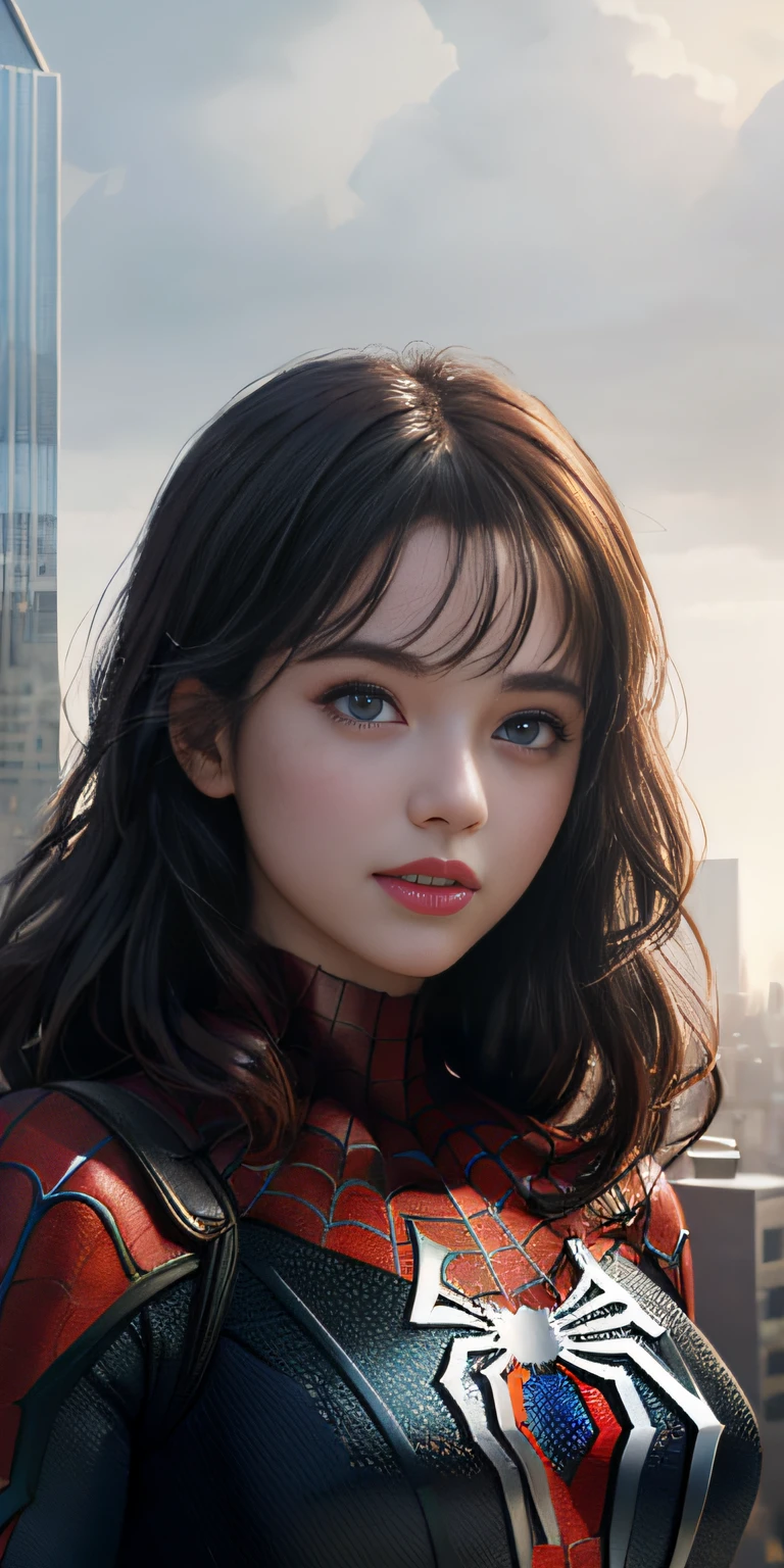 (1girl:1.3), Solo, (((Very detailed face)))), ((Very detailed eyes and face)))), Beautiful detail eyes, Body parts__, Official art, Unified 8k wallpaper, Super detailed, beautiful and beautiful, beautiful, masterpiece, best quality, original, masterpiece, super fine photo, best quality, super high resolution, realistic realism, sunlight, full body portrait, amazing beauty, dynamic pose, delicate face, vibrant eyes, (from the front), She wears Spider-Man suit, red and black color scheme, spider, very detailed city roof background, rooftop, overlooking the city, detailed face, detailed complex busy background, messy, gorgeous, milky white, highly detailed skin, realistic skin details, visible pores, clear focus, volumetric fog, 8k uhd, DSLR, high quality, film grain, fair skin, photo realism, lomography, futuristic dystopian megalopolis, translucent ,
