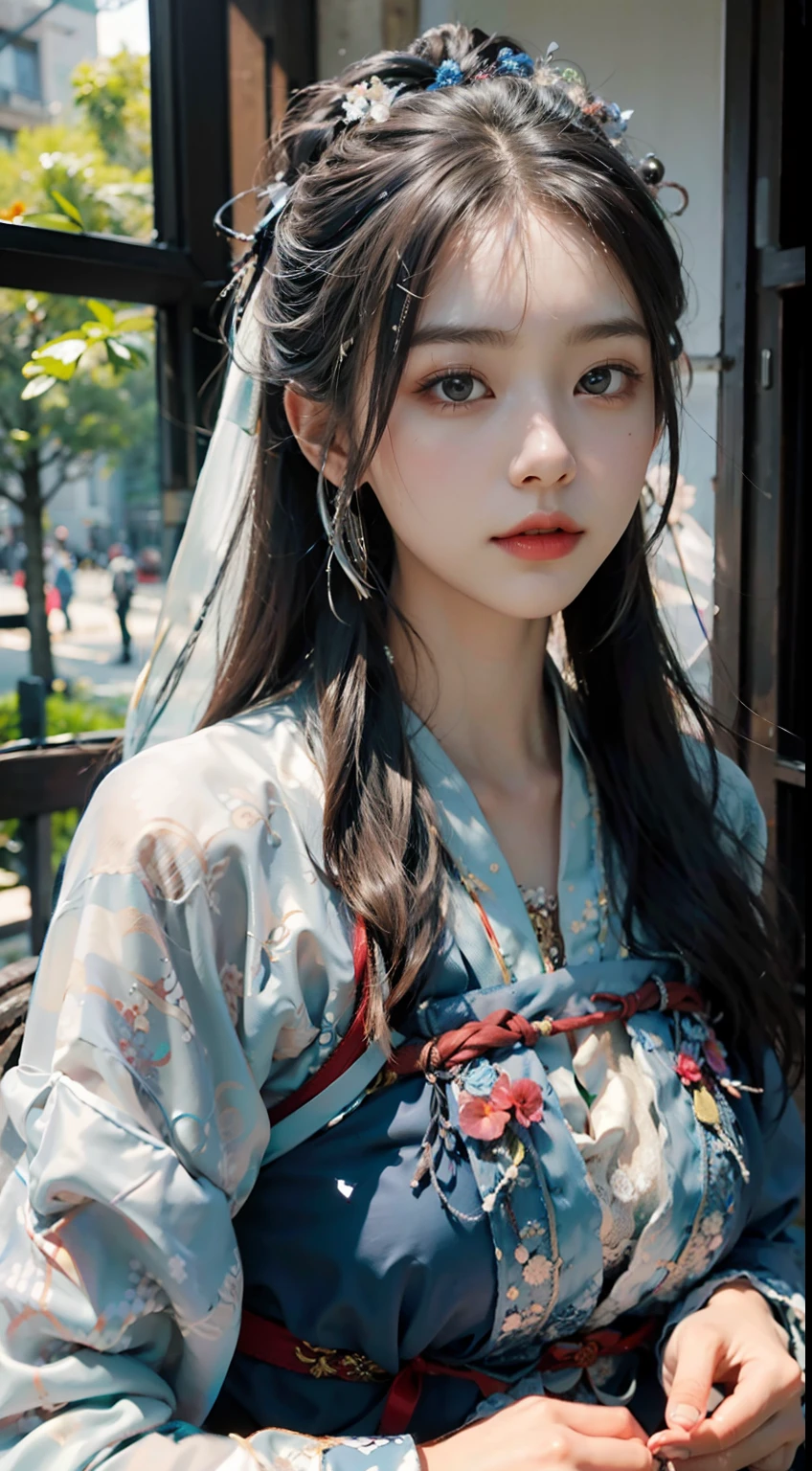 ulzang-6500-v1.1,(RAW photo:1.2), (Photorealistic:1.4), Beautiful Meticulous Girl, very detailed eyes and faces, Beautiful detailed eyes,  hugefilesize, ultra - detailed, A high resolution, Super clear，The is very detailed，（（chiseled abs：1.1），（perfect bodies：1.1），（long whitr hair：1.2），（Silvery hair），Lace collar，（（wearing a hanfu，White Hanfu，Lilac pattern）），（（Cardigan Hanfu）），（Very detailed CG 8k wallpaper），（Extremely refined and beautiful），（tmasterpiece），（best qualtiy：1.0），（超A high resolution：1.0），Beautiful light，Perfect light，realistic shaded，[A high resolution]，Detailed skins， Hyper-detailing（（（a color））），high realistic，Bigchest，Perfect face