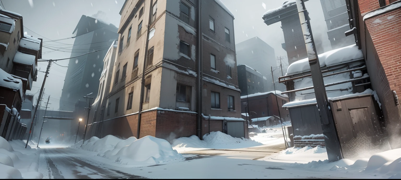 Counter-Strike background image,Ruined factories,It snows in winter,The road is covered with snow,No one and scary atmosphere,low-saturation,Low brightness,The picture doesn't need much color,No characters and characters need to appear,Horizontal version
