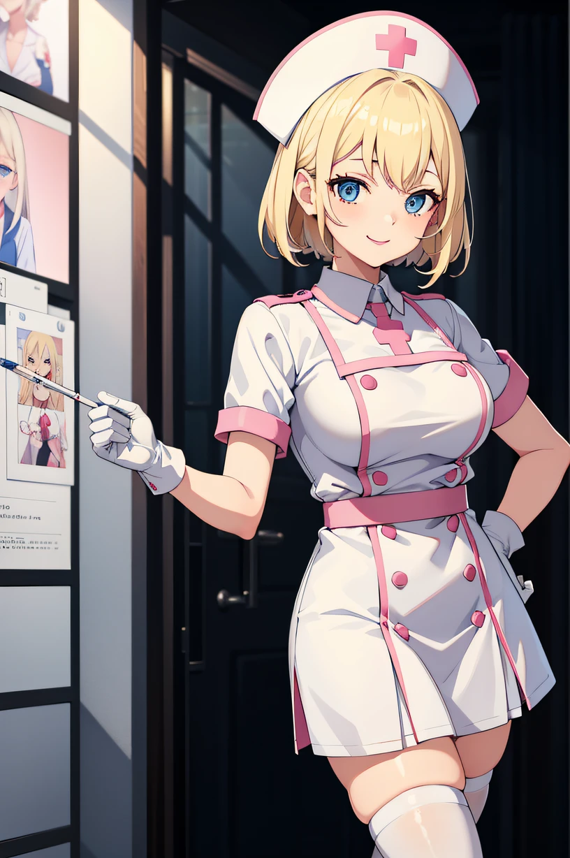 1girl in, Nurse, Nurse Cap, Whiteware, White legwear, White Gloves, Blonde hair, Blue eyes, pink lipsticks, Smile, Standing, hospitals, sharp outline, zettai ryouiki, Short sleeves, Best Quality, masutepiece