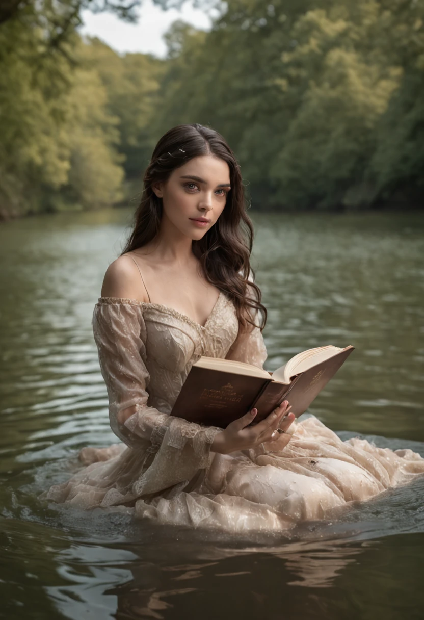 A woman in a dress sitting in the water reading a book - SeaArt AI