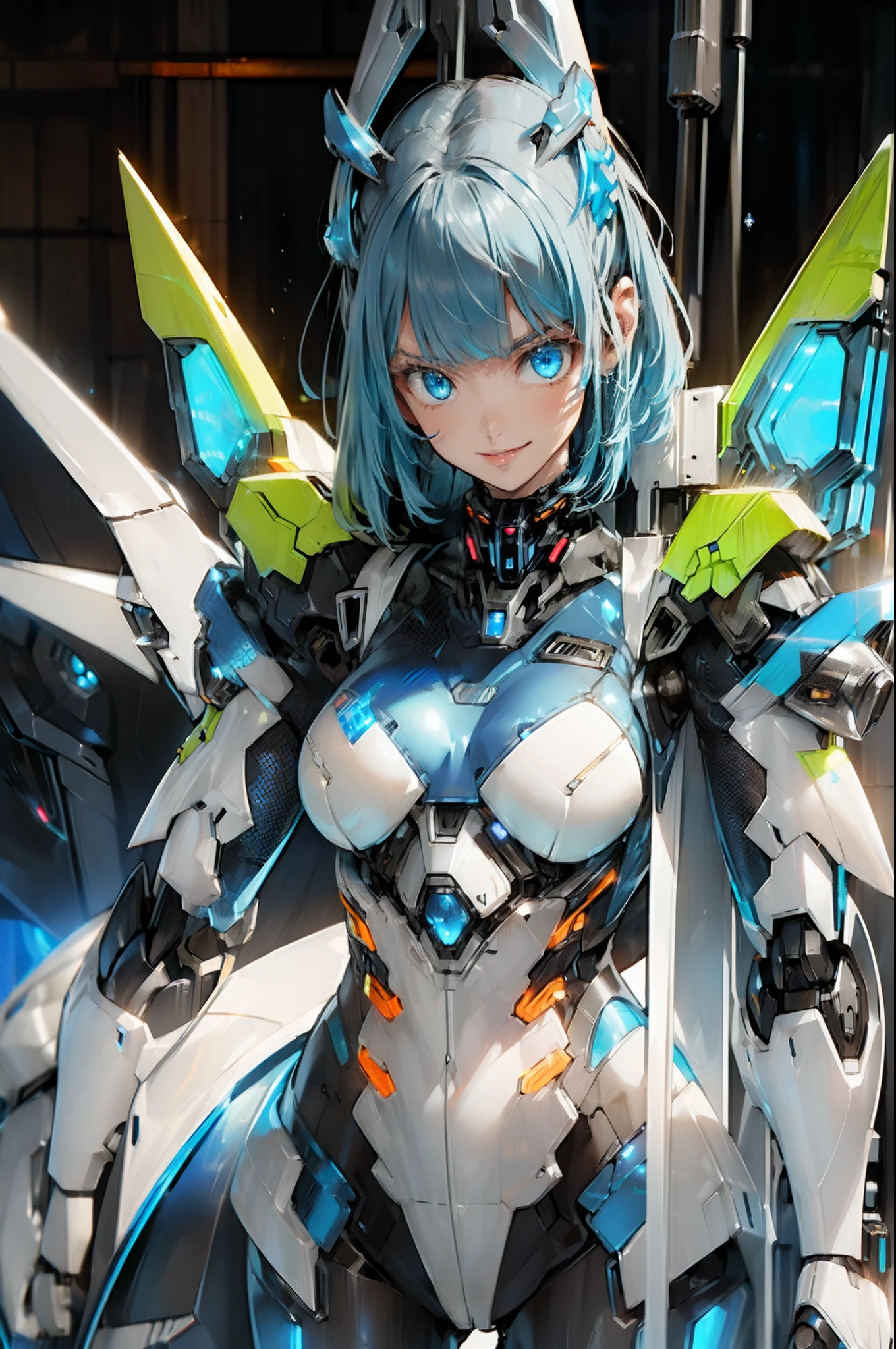 (mecha suit:1.5) female warrior, futuristic armor, detailed metal plating, glowing LED lights, (neon blue:1.3), (gun:1.2), dynamic action pose, battle-worn texture, sci-fi background with (holographic interface:1.1), inspired by (Masamune Shirow:1.2), Ghost in the Shell, sharp focus, powerful and elegant, intense stare