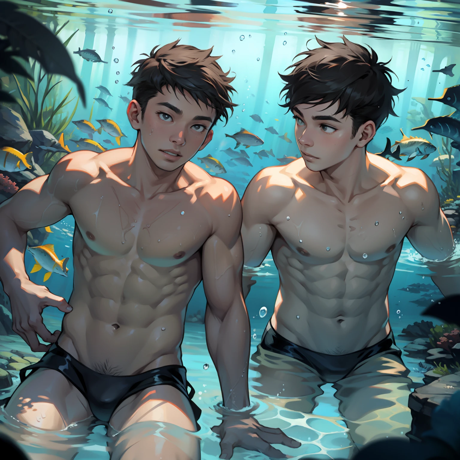 Two boys swimming at the bottom of the sea