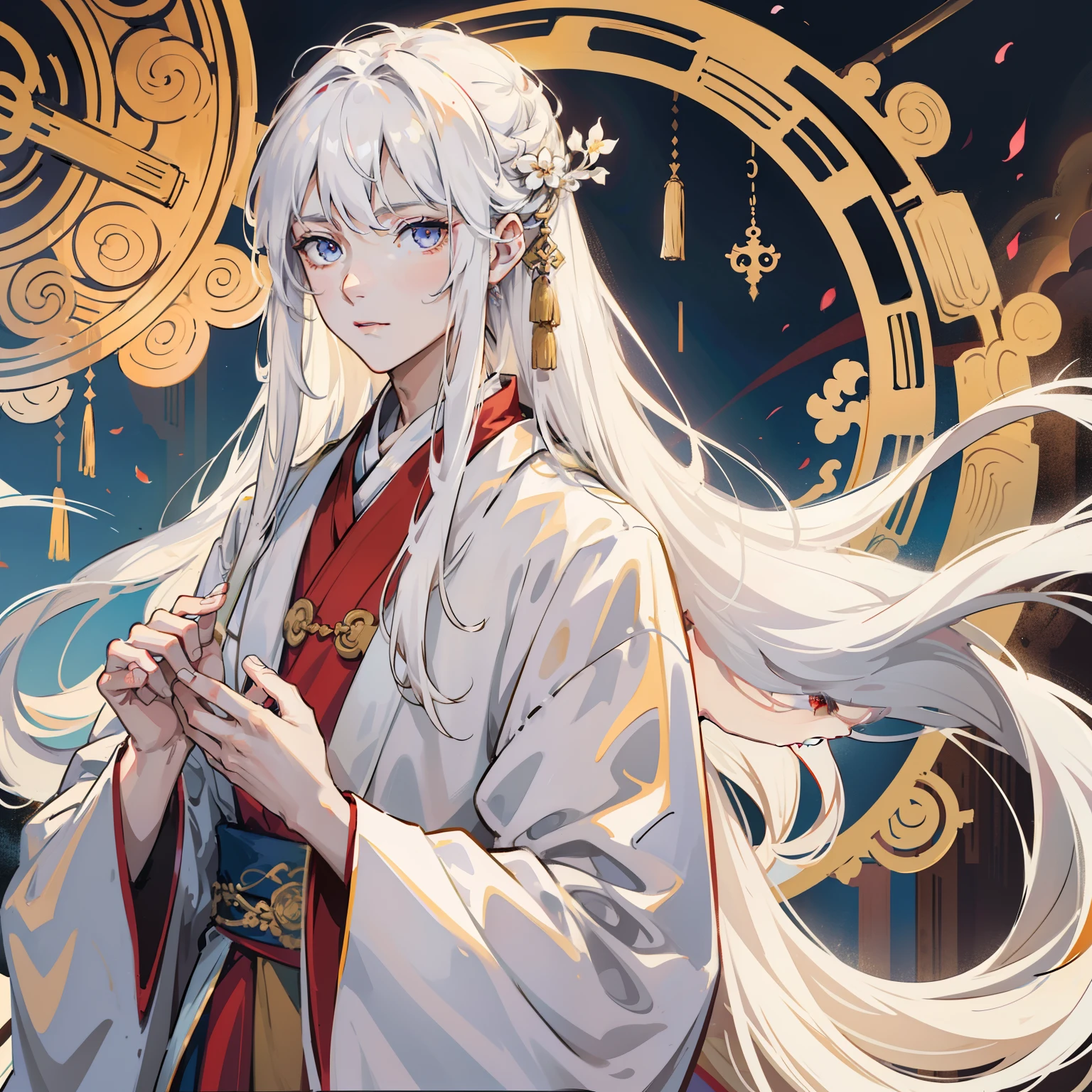 long white hair,ancient wind,Hanfu,ellegance,Exquisite accessories,Delicate face,Exquisitehands ,male people