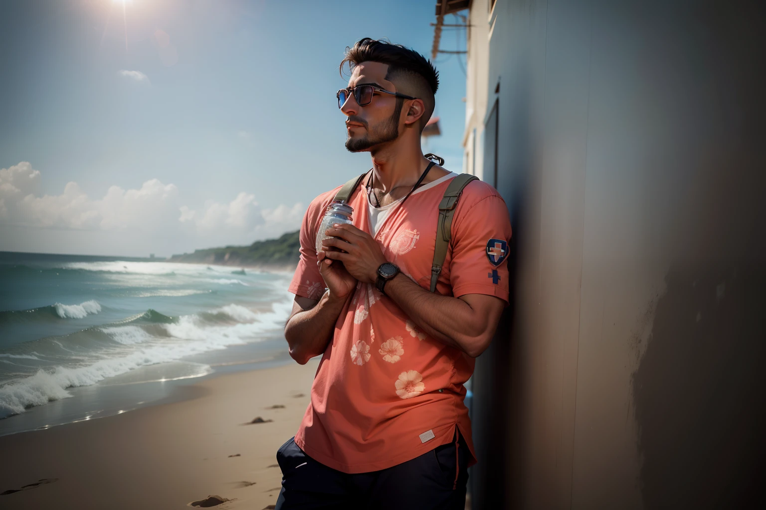 medic, em uma praia, dia, sol, agua, sol, sem barba, without glasses