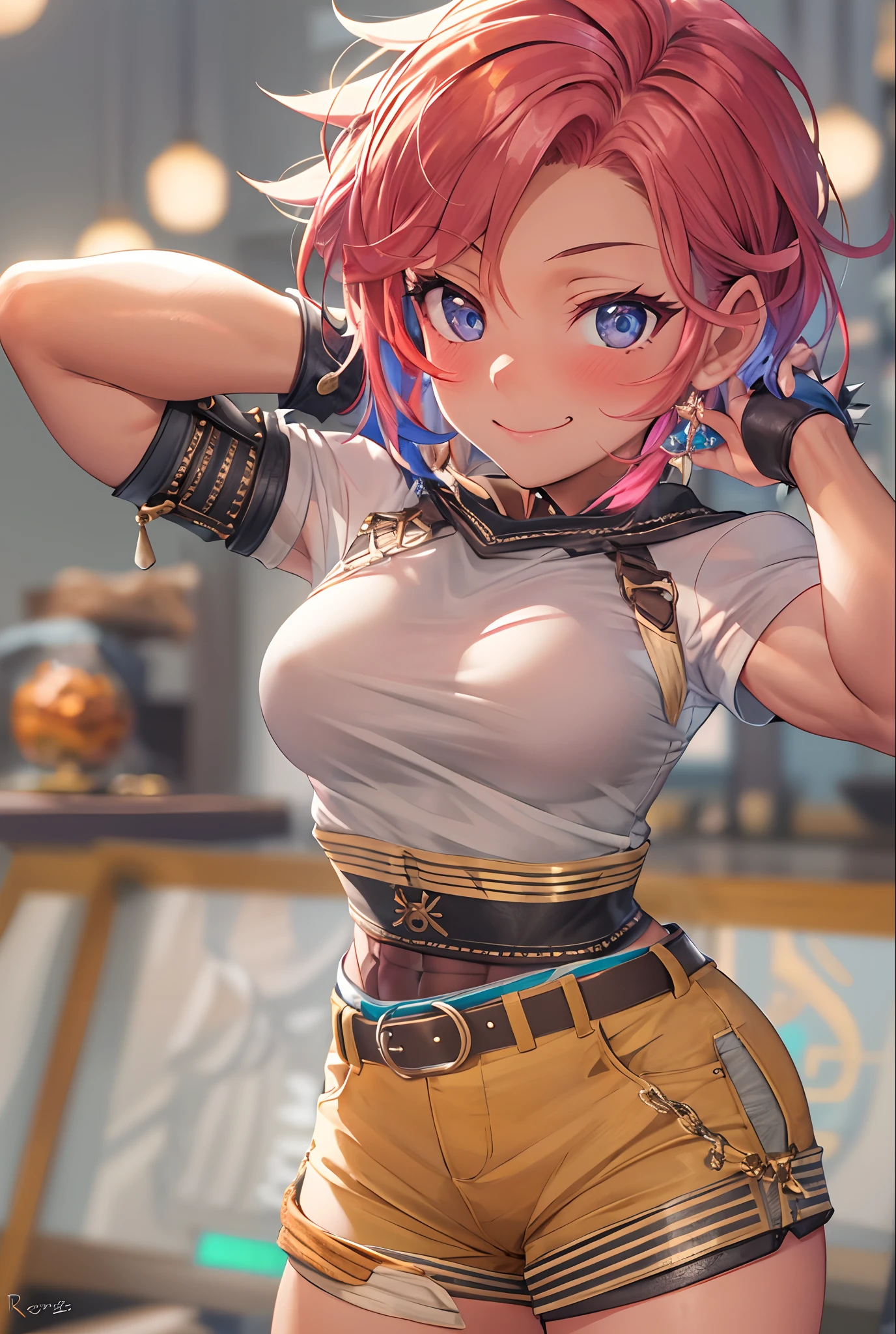 (masterpiece, best quality), a girl, solo, (mature female:1.2), HDR, Ray Tracing, glistering shiny, best colors, bloom, (depth of field), (looking down at viewer, smug), (low_angle), beautiful face, beautiful eyes,
((buff body, muscles, female muscles)), (red hair, short hair, thick hair, spiky hair), beltbra, boobs, (shorts, belt, adventurer ornaments),