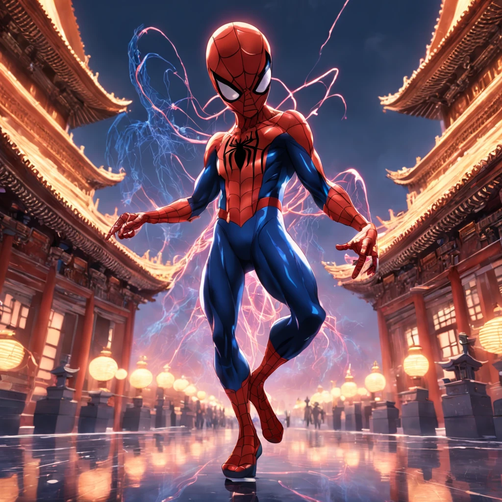 Spiderman dancing in the forbidden city, hyperreal, science fiction, cyber punk
