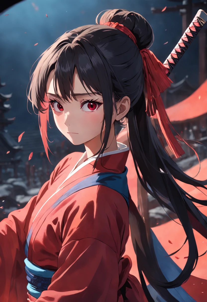 Masterpiece, Ultra detailed, 8K portrait, RAW photo, Portrait photography, NSFW, Best quality, Highly detailed face, highly details eye, Back Shadow,Kizi, Dark long ponytail, Red long ribs, Hanfu, Cool beauty, young 17 years old, Mature body, 172cm, (((Chinese sword in hand))), fightingpose,correct hand