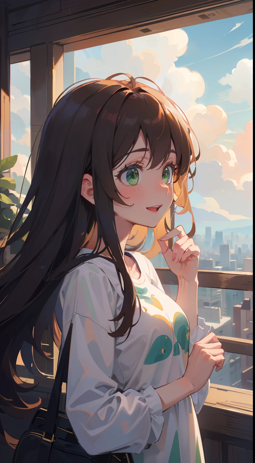 (masterpiece), (best quality), ultra high res, sharp focus, ((1 woman, solo)), upper body, photo profile shot, beautiful detailed hair, chestnut brown hair, long hair flowing up, beautiful detailed face, ((beautiful shape eyes, green eyes)), perfect feminine face, comfortable face, smiles, open lips, in the city morning cloud, meteor, cloudy comfy outfit