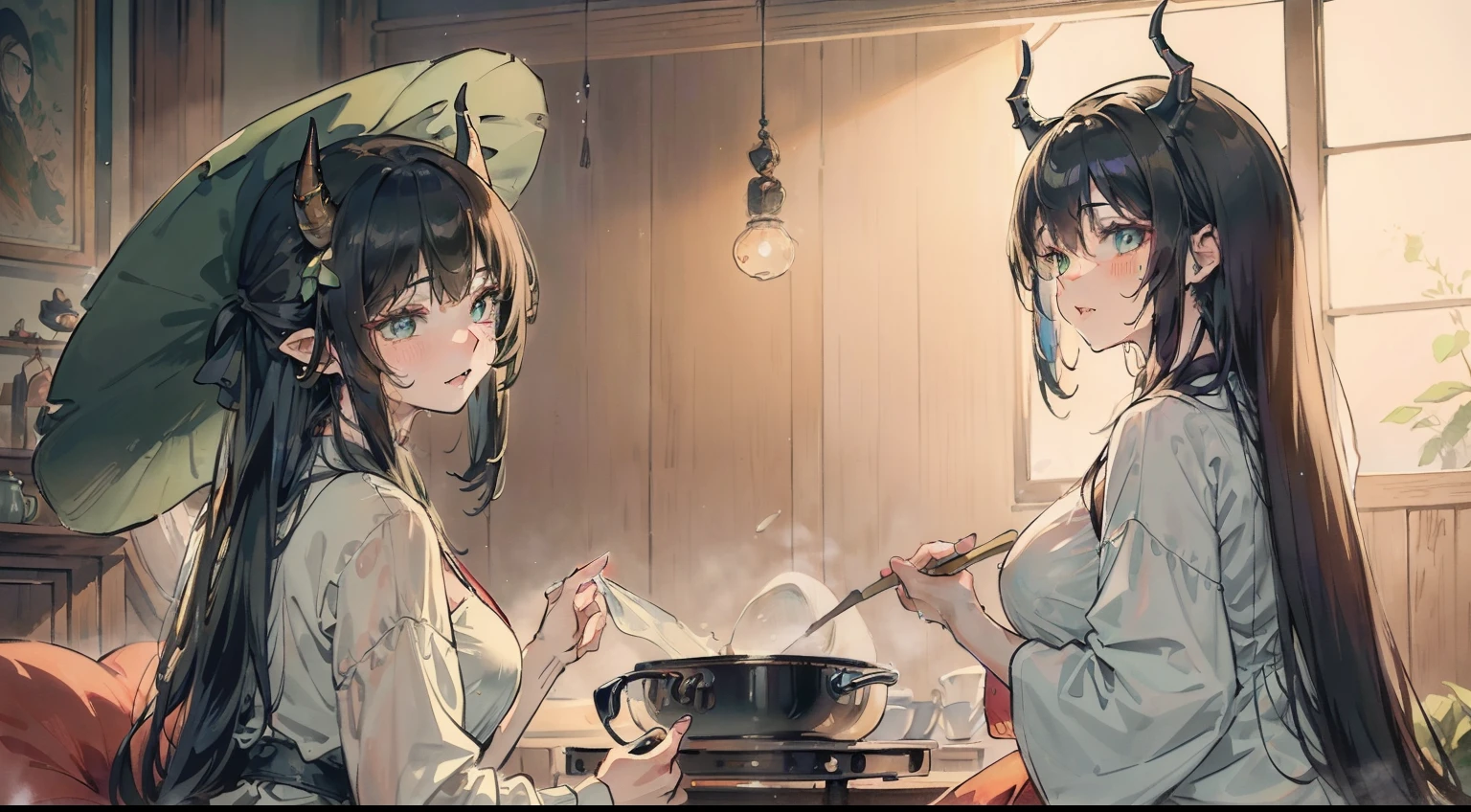 Bright colors，Magic background，famiglia，Three people，cheat，ntr，lesbian，kitchen in the background，3 girls，3 girls in total，2 of the 3 girls on sofa in living room，2 of the 3girls（（lie on sofa，lesbian，french kiss，wet kiss，french kiss，wet kiss，wet，watery，face to face，hugs，Close contact，Snug together，Side Body，kiss，tongue kissing，Lovers，touch each other，Matching hairstyle，Matching poses，One person has a witch hat，The other has dragon horns，these 2 girls are lovers but not couples，Matching decorations，A hat that fell beside him，Only one person wears a hat）），The third person is wife，The third person was cheated，The third person wears a green witch hat，The third person is cooking，The third person has their backs to each other，The third man did not look back，The third person knows nothing，Occlusion，Dress conservatively，Conservative clothing，abstact，lying down，desire big breasts，squelch，Body overlap，squishing，Love，love each other，odd eyes，Formal attire，校服，ok for children，very safe，Matching decorations，A hat that fell beside him，Only one person wears a hat