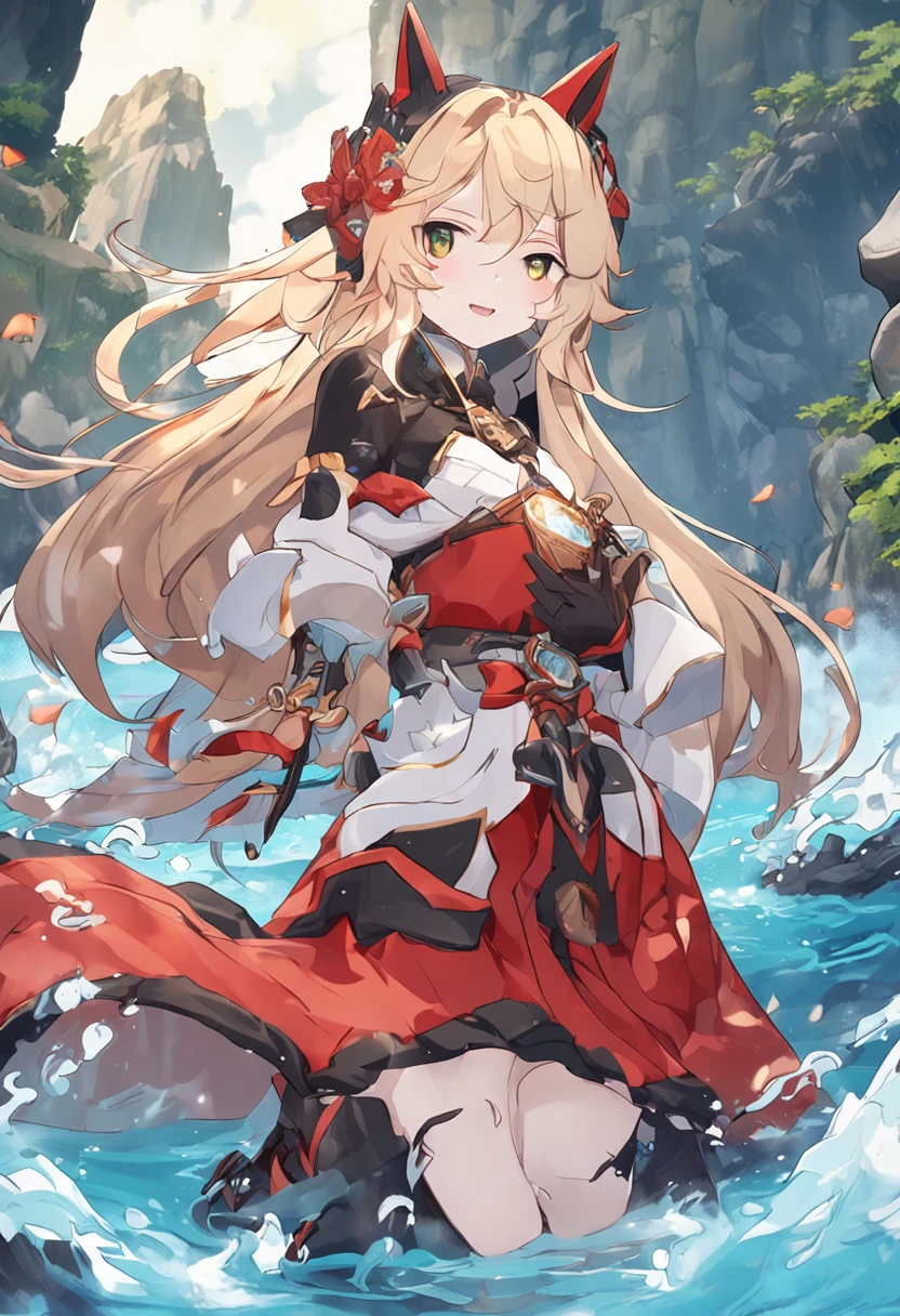 1girl, 2017, :o, bare_shoulders, beads, bird, blonde_hair, blush, collarbone, commentary_request, detached_sleeves, diamond_(shape), feather_hair_ornament, feathers, flat_chest, from_above, granblue_fantasy, hair_beads, hair_ornament, happy_new_year, harvin, hinata_sora, long_hair, looking_at_viewer, mahira_(granblue_fantasy), new_year, photoshop_(medium), red_eyes, riding, sidelocks, solo, spaghetti_strap, tassel
