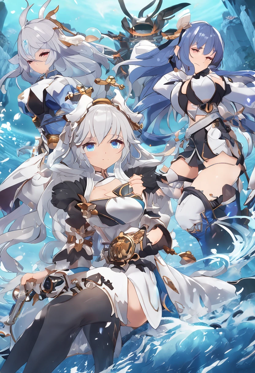 nsfw,(Superflat, masterpiece, Flat Shading, Flat Color:1.1), Cinematic shots, masterpiece, ((3 women)), European, (Three beautiful women), A female teacher standing with two girls in chains, golden Hello, Hello, (Put your hands on your neck, Suffocate:1.3), (Chained, Tied up, Golden Chain, Chain your body , Chained collar, handcuffs, rough:1.4), leather gloves, leather, slim, Angel Wings, (Cold Light, Cold blue tones), Flat blue background, Very detailed, highest quality, close、Huge Breasts