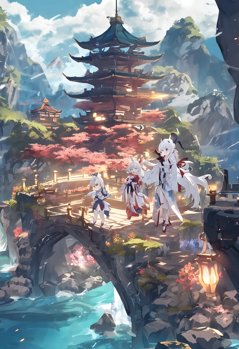 Anime characters appear continuously in front of the waterfall, style of duelyst, 《azur lane》role, Genshin Impact style, Genshin impact's character, Genshin, azur lane style, A scene from the《azur lane》videogame, onmyoji, ayaka game genshin impact, Genshin Impact, video game genshin impact, Ayaka Genshin impact