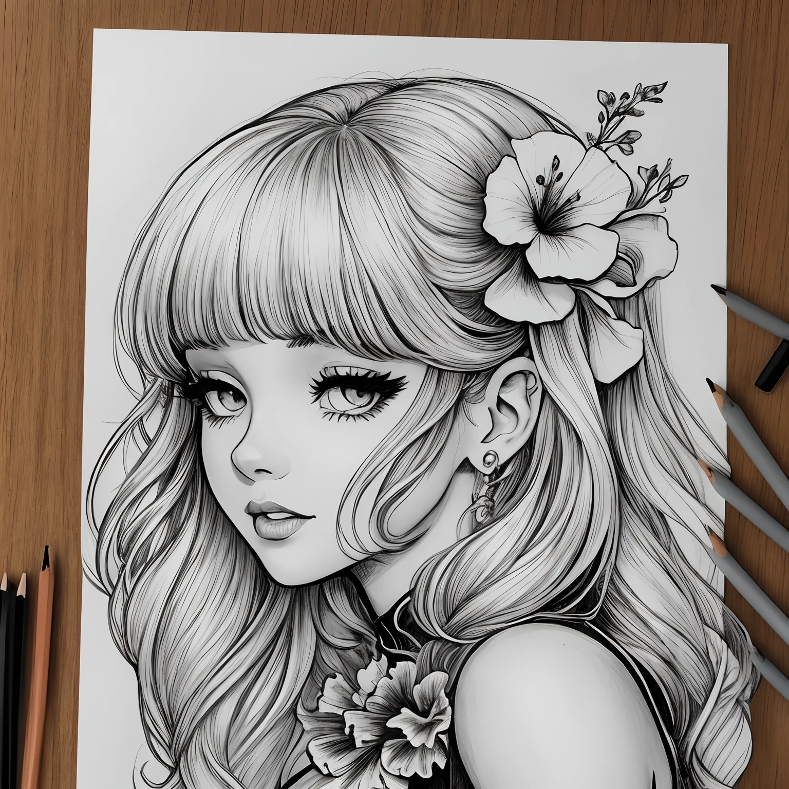Black and white stick figure 1 girl with hibiscus flower in background, in dress with flowers, its fine ink line art, comic style, portrait of ploynesian girl, Marilyn Munroe, Hollywood glam, beautiful line art, black and white comic style, manga style, manga art style, pencil and ink caricature drawing, black and white coloring --auto --s2
