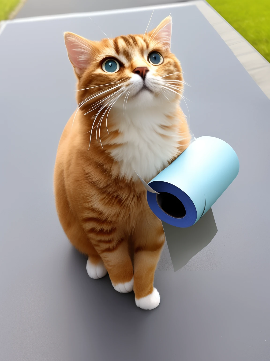 A cute cat sitting on the ground，A roll of paper hangs around his neck，