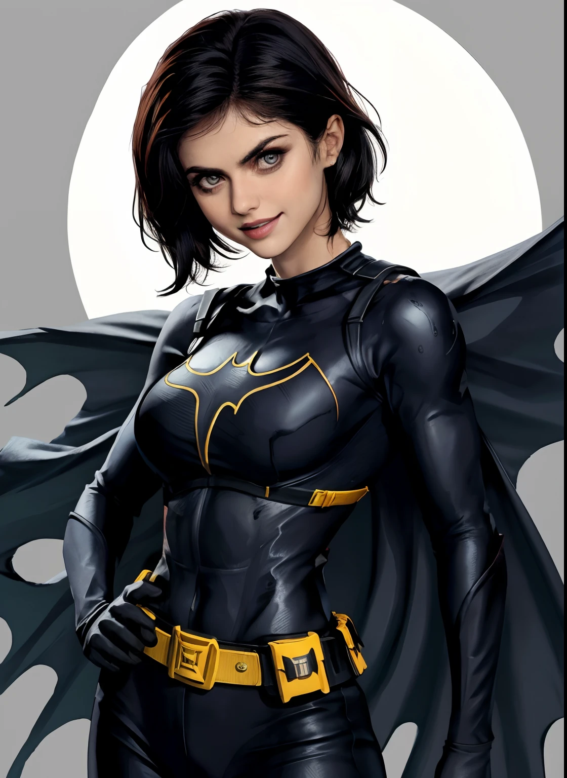 (obra-prima, melhor qualidade), 1girl, solo, Alexandra Daddario, batgirl terno, cabelo preto, olhos castanhos, sorriso, (((seios muito gigantes, voando com a capa aberta))),
akihabara, dos mortos, noite, de cima, Standing roof, centro de jogos,