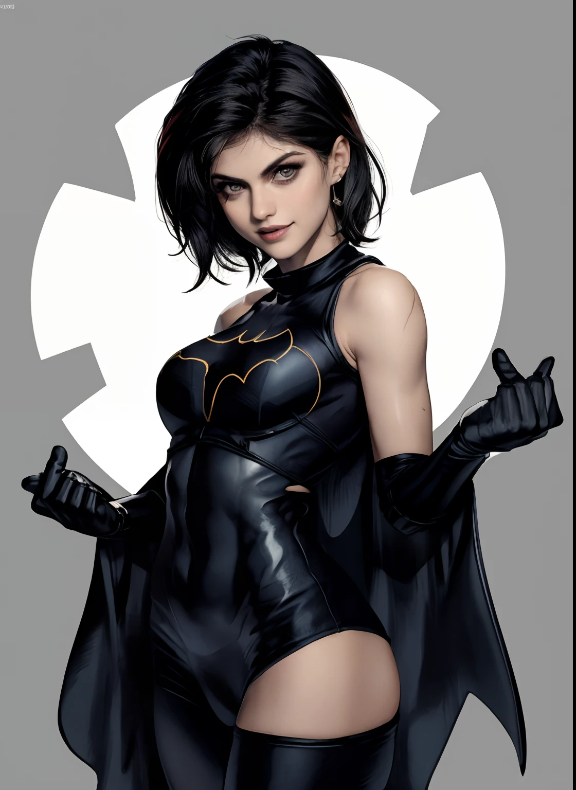 (obra-prima, melhor qualidade), 1girl, solo, Alexandra Daddario, batgirl terno, cabelo preto, olhos castanhos, sorriso, (((seios muito gigantes, voando com a capa aberta))),
akihabara, dos mortos, noite, de cima, Standing roof, centro de jogos,