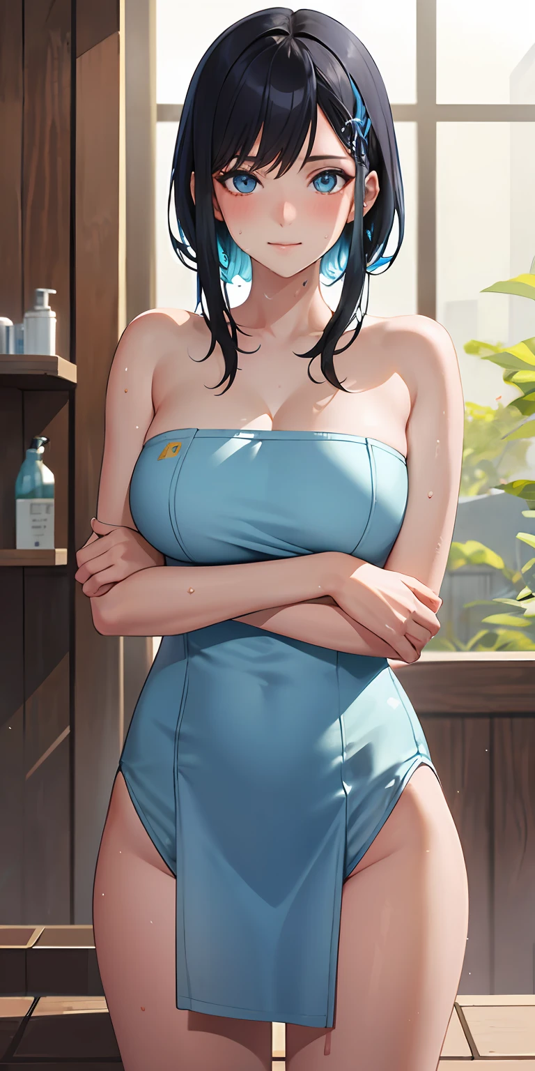 one-girl, In the hot springs,perspire,Black color hair, long whitr hair, blue color eyes, wearing bath towel, Sweated a lot, Beautiful and moving, Onsenzato, Wet hair, Light smile, Blush, Ear blush, surrealism, High detail, modern, Anime style, in a panoramic view, Cowboy shot, reflective light, 8K, Super detail, High details, Best quality, Anatomically correct, Masterpiece, Textured skin