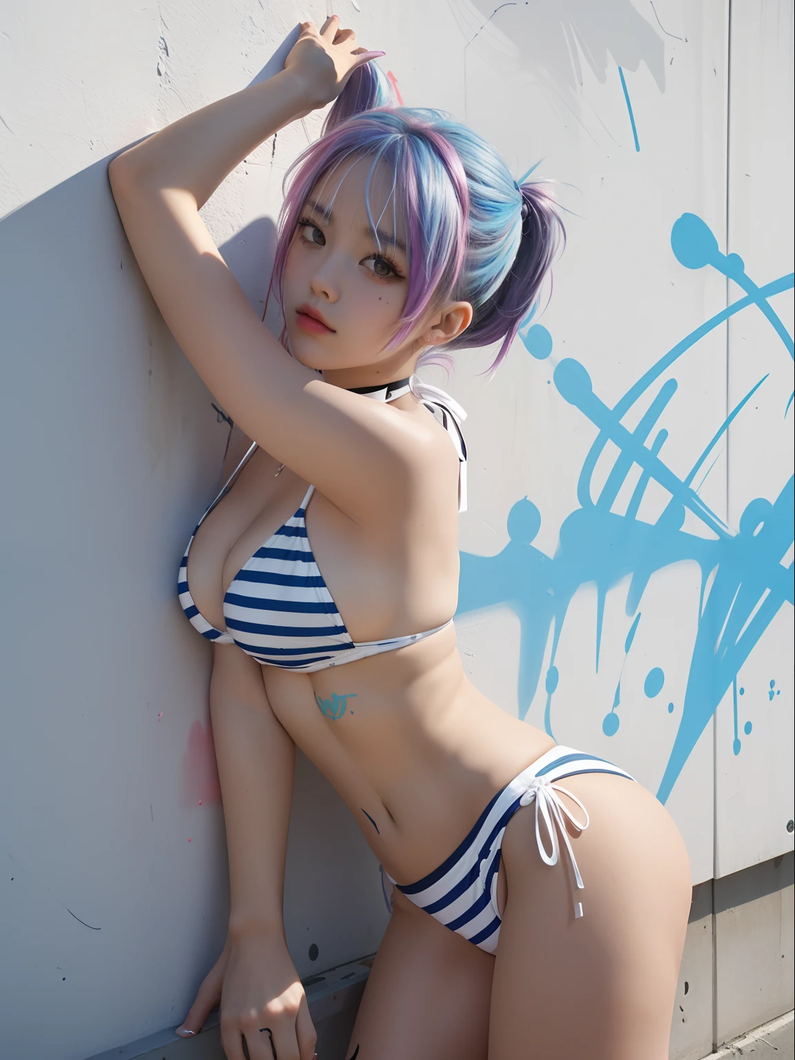 Absurdity, Top Quality, 1 Girl, Solo, Striped Hair, White Bikini, Sexy Swimsuit, Choker, (Graffiti: 1.5), Splatters of paint, Arms Thrown Back, (Leaning Forward), Lean Back, Leaning Against the Wall, (Tilting to the Side: 0.25), Looking at the Viewer, Armbands, Thigh straps, Striped hair, Paint on the body other than the face, Eyes pointing upwards, Head down, Tilting the head, (From the side: 0 .75), boring, (expressionless: 0.75)
