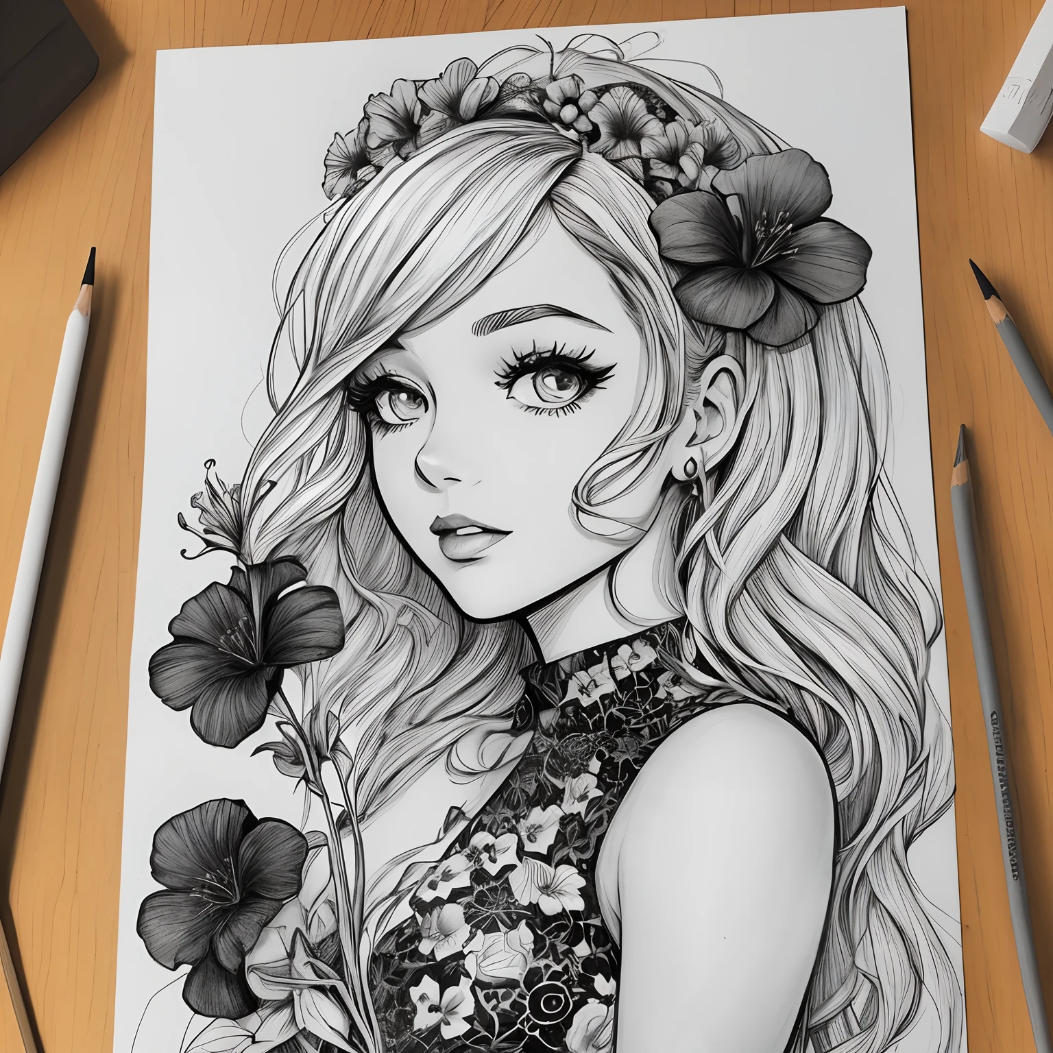 Black and white stick figure 1 girl with hibiscus flower in background, loli in dress with flowers, its fine ink line art, comic style, portrait of ploynesian girl, Marilyn Munroe, Hollywood glam, beautiful line art, black and white comic style, manga style, manga art style, pencil and ink caricature drawing, black and white coloring --auto --s2