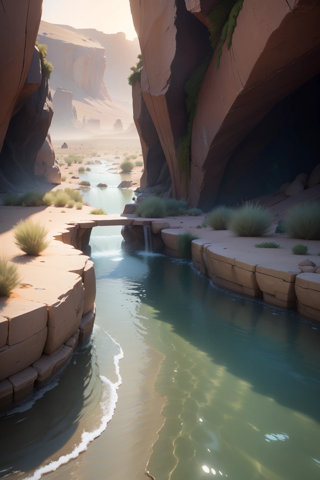 the Extremely Detailed CG Unity 8K Wallpapers,(tmasterpiece),(best qualtiy),(ultra - detailed),(Ultra photo realsisim),(best character detail:1.36),Nikon D750 f / 1.4 55mm,dynamic angle,profesional lighting,photon maping,Radio City,physically-based renderingt,A desert,Great desert,oasis in the desert,An oasis with flowing water