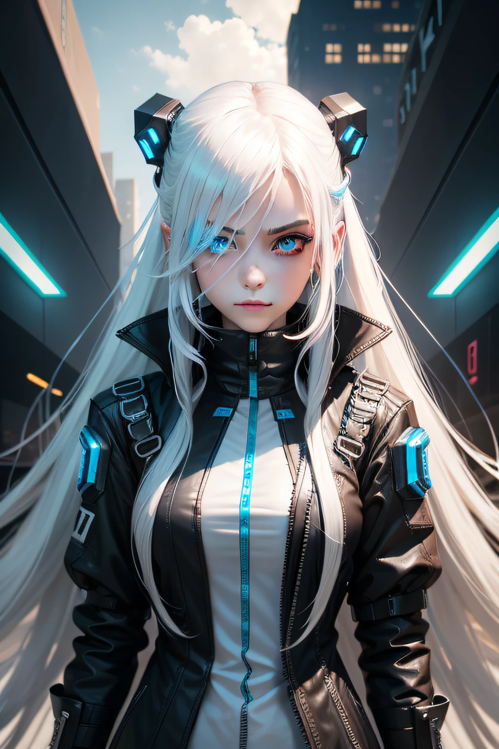 cyber punk perssonage,one-girl,long white hair,blue color eyes