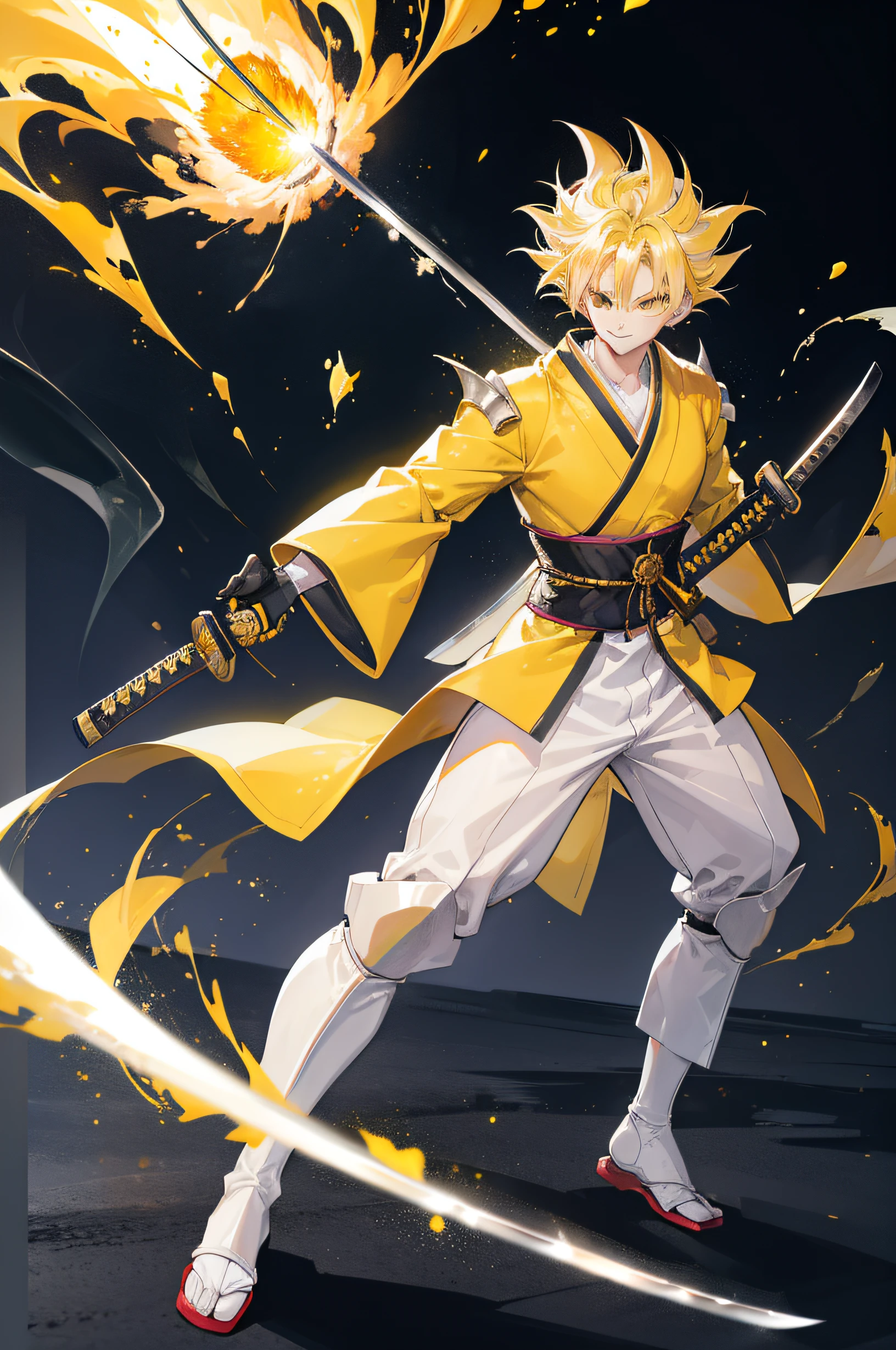 masterpiece, best quality, 1boy, trunk in dragon ball, yellow hair, upper white armor, kimono black clothes, white gloves, white boots, black eyes, spiky hair, hollow mask, (katana:1.4), zanpakutou, smiling,( at night:1.4), night, low light, natural light, fighting pose, damaged clothes, damaged skin, street, japanese street, low light, light rays, aura power, (yellow particles:1.4),(floating particles:1.4), doing a power, angry eyes, looking ahead, male focus, muscles, movie composition, deth of field, bokeh, standing, full body