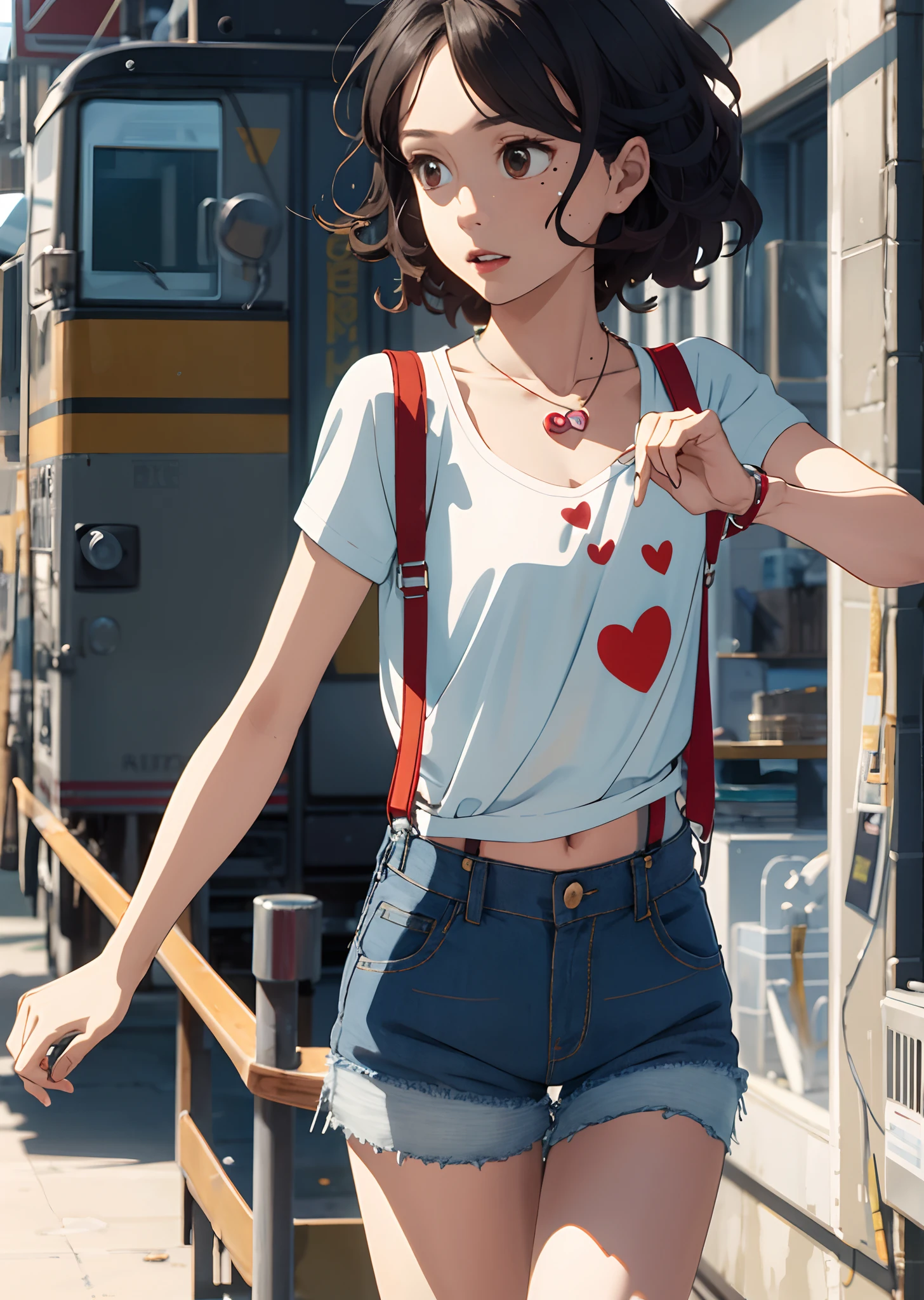 Collarbone hair Microcurly hair Tear mole Playful necklace with little red heart Good figure Cotton suspenders Denim shorts Cute Facial focus HD