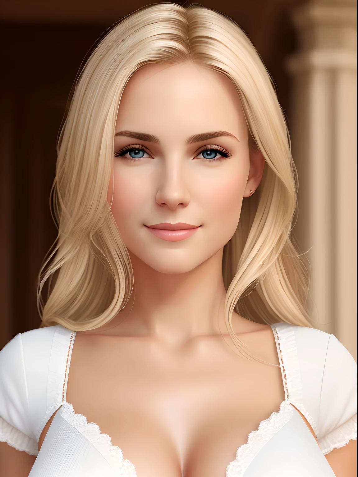 portrait, realistic, realistic skin, depth of field, woman, face with sarcastic expression, Caucasian, blonde hair, evil look, huge breasts, super realistic breasts, white clothing, 8k resolution, realistic