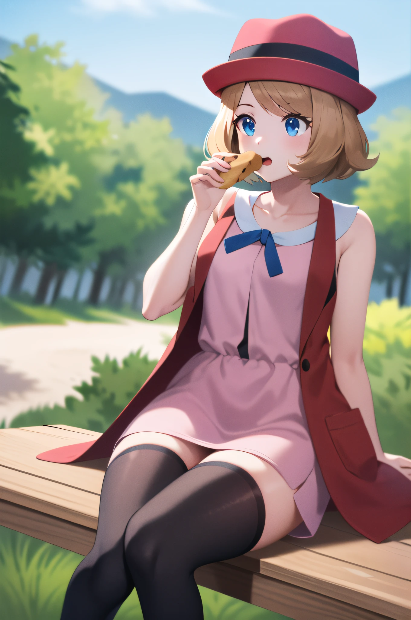 masterpiece, best quality, highres, serena \(pokemon\), short hair, blue eyes, 1girl, solo, blue ribbon, eyelashes, black thighhighs, neck ribbon, sleeveless, bangs, collarbone, bare arms, pink dress, red coat, pink headwear, outdoors, sitting, eating a cookie