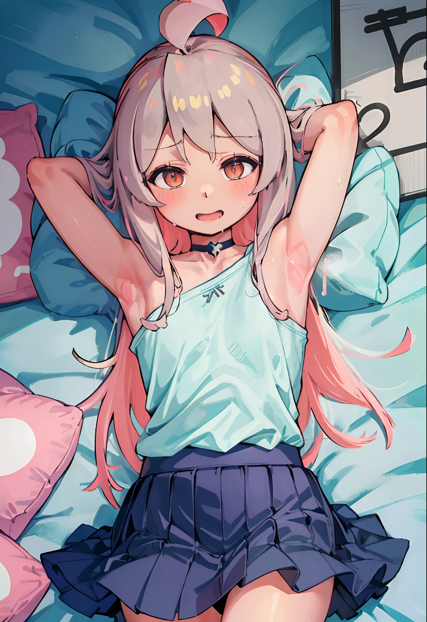 1girl, cowboy shot, straight-on, arm behind head, hand behind head, arm up, hand in pocket, standing, bangs, looking at viewer, ahoge, long hair, blush, (school uniform), blue shirt, layered skirt, blue skirt, miniskirt, red ribbon, long sleeves,pantyhose, brown uwabaki, light smile, solo, bare tree, building, city, cityscape, day, outdoors,  skyscraper, street, tokyo \(city\), tree Naked, NSFW, (high resolution), (masterpiece:1.6, best quality), (finely detailed beautiful eyes: 1.2), ultra-detailed, (extremely detailed CG unity 8k wallpaper), (masterpiece), (best quality), (ultra-detailed), (best illustration), (best shadow), (absurdres), (detailed hand), solo, looking at viewer, smile, presenting armpit, armpit, arm up, lumen reflections, natural lighting, evocative, triadic color scheme, cowboy shot, elegant, voluptuous:0.6, looking at viewer, female, solo, blush, open mouth, smile, teeth, bare shoulders, arms behind head, navel, solo, barefoot, looking at viewer, thighs, parted lips, arms up, topless, 1girl, armpits, (small breasts), ((naked)) (), Exposed side breasts, raised arms showing sweaty armpits, shy, (intricate details), colorful, full-body portrait, capture excellent full-body shots, (white bed sheet:1.2), dakimakura, lying on bed, detailed feet, on back, (crotch), (groin), (finely detailed eyes and detailed face:1.3), (skindentation), lustrous skin, wide hips, anime nose, toddler face, (tsurime:1.3, eyeliner, sharp eyelashes:1.2, solid eyelid), messy hair, unkempt, (wet body), (dripping sweat), choker, bare shoulders, see-through, emotionless face, naughty face, heart-shaped pupils,