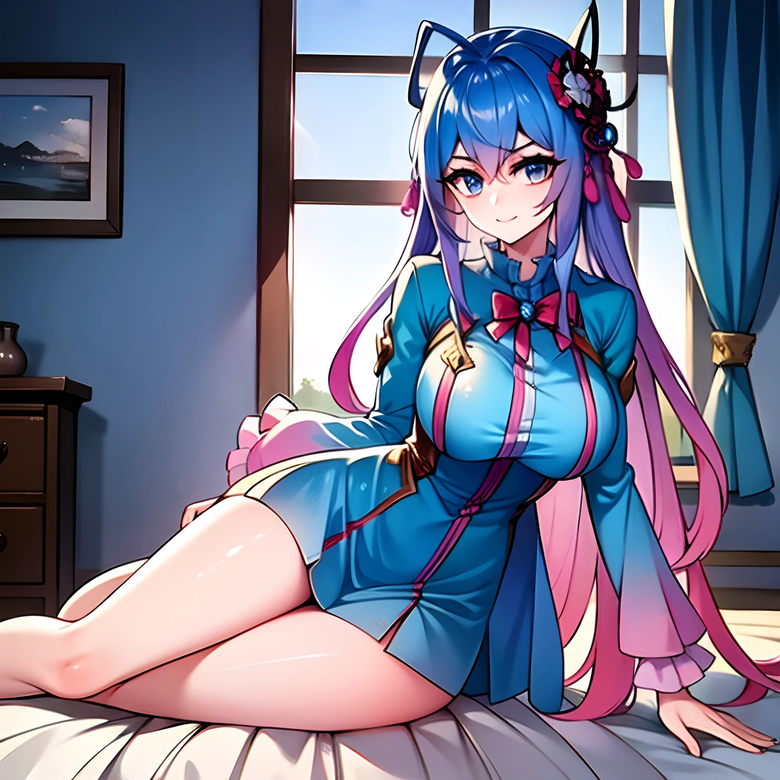 (masterpiece:1.2), mistress, best quality, ultra high res, shiny skin, sexy, fashi-g, mature female, ultra high res, best shadow, best quality, ((1girl, solo)), hair ornament, branch, long hair, huge breasts, smile, looking at viewer, very long hair, long sleeves, blue eyes, blue-pink hair, bangs, short dress, hair between eyes, high boots, full body, on bed