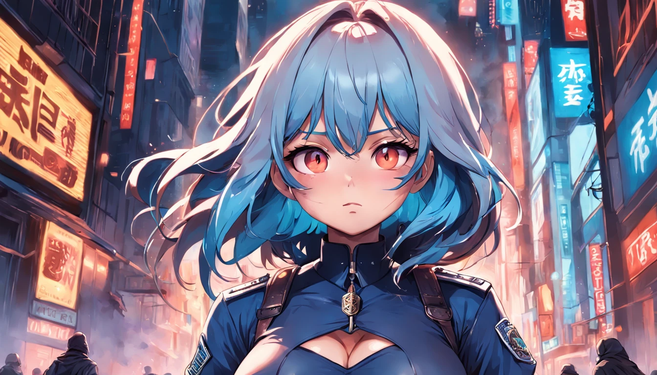 masterpiece, a poster of beatiful lady in police uniform, big breast, deep cleavage, good hands, nice fingers, ultra realistic details, arcane art style, inspired by NEVERCREW, hypervivid intense mcbess, inspired by Tim Biskup, digital illustration, by Justin Gerard, pastel colors, best quality,