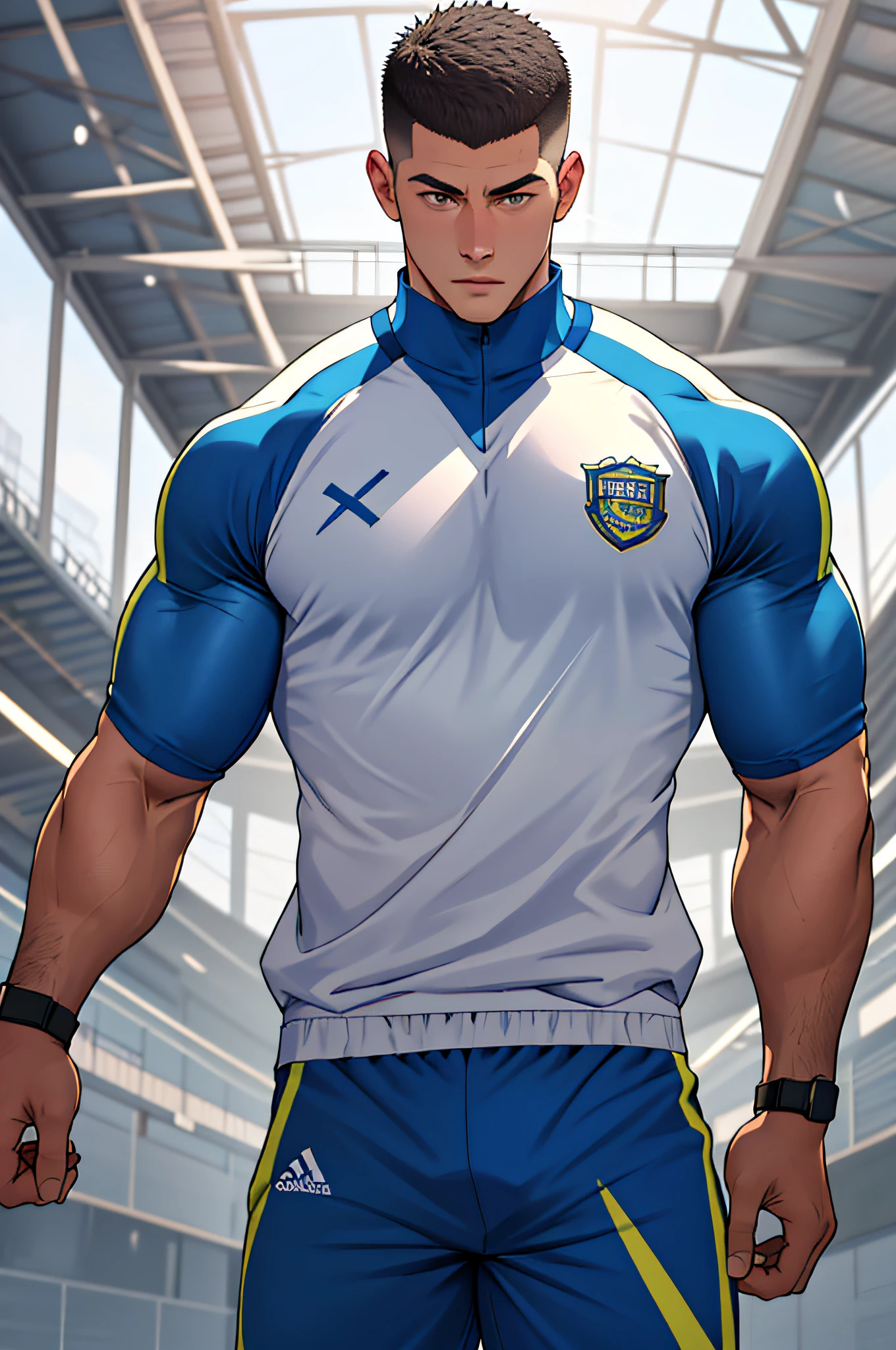 Draw a full-fledged athlete,Stand on the central field of the gym,He wears high-end sportswear,The man looks confident and determined,looking-down,Crew cut,full bodyesbian,shooting from below,