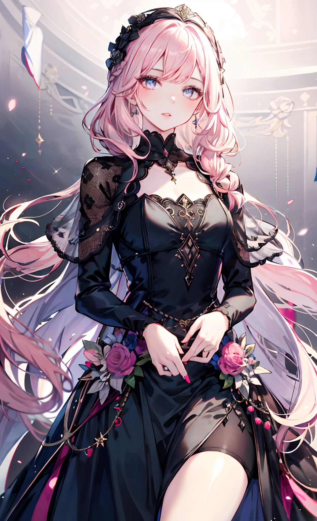 meticulous portrayal of face,1 noblewoman,a matural female,Black dress long dress,(Pink White Long Hair),(dark night background+),Prom,Regalia, s the perfect face, perfect hand, Perfect Finger, Perfect lips, perfect eyes, Perfect background