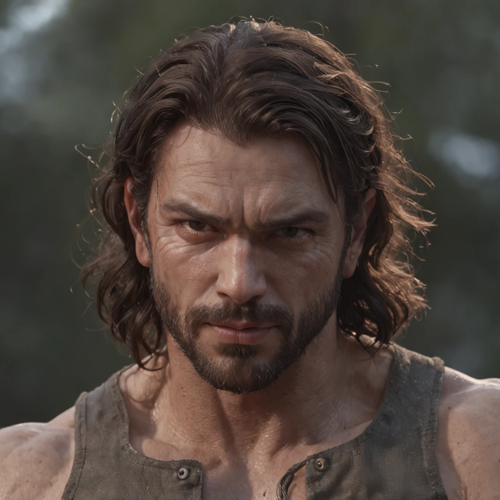 (Professional 3D rendering:1.3) de (Realistic:1.3) Foto de arte mais bonita do mundo,Features soft, bright male heroes, ((Epic hero fantasy rough muscular man wet hero angry look long hair short beard and fierce expression in dynamic pose, fantastic location, majestoso ambiente desordenado)), corpo inteiro 8k unidade render, action shot, poros da pele, very dark lighting, sombreamento pesado, circunstanciado, Rosto detalhado, (vibrante, fotogrdeia realista, Realistic, Dramatic, Escuro, foco nítido, 8k), (Old leather clothes damaged by bad weather:1.4), ((((Use peles)))), (intrincado:1.4), decadente, (altamente detalhado:1.4), pintura digital, rendering by octane, art stations, Conceito-Arte, liso, foco nítido, illustration, germe da arte, (Loish:0.23), Wlop Ilya Kuvshinov, e Greg Rutkowski e Alphonse Mucha Gracias, (global ilumination, studiolight, Light Volumetric), chuva forte, floating particles, patife, fantasia, Onze, corpo inteiroesbian, ((Fundo escuro e antigo da cidade:1.3)),CGSesociedade,art stations
