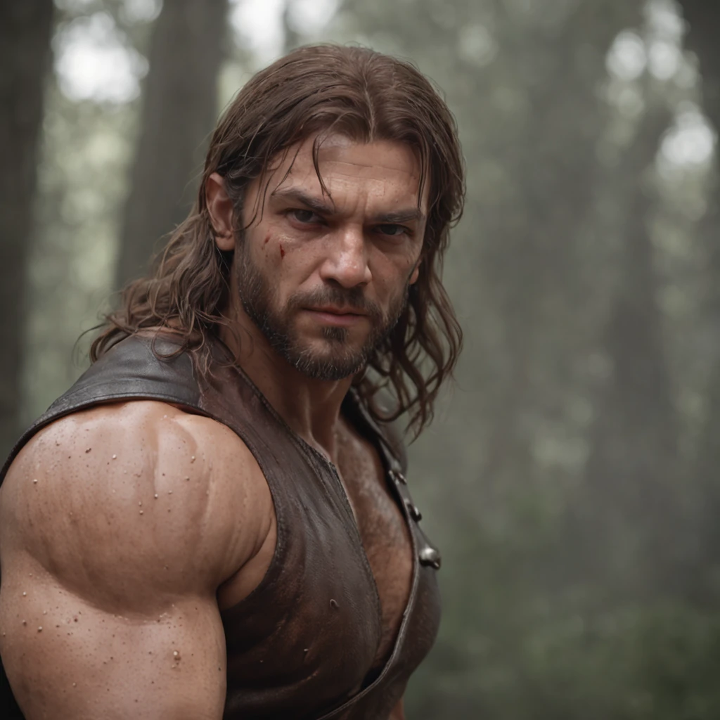 (Professional 3D rendering:1.3) de (Realistic:1.3) Foto de arte mais bonita do mundo,Features soft, bright male heroes, ((Epic hero fantasy rough muscular man wet hero angry look long hair short beard and fierce expression in dynamic pose, fantastic location, majestoso ambiente desordenado)), corpo inteiro 8k unidade render, action shot, poros da pele, very dark lighting, sombreamento pesado, circunstanciado, Rosto detalhado, (vibrante, fotogrdeia realista, Realistic, Dramatic, Escuro, foco nítido, 8k), (Old leather clothes damaged by bad weather:1.4), ((((Use peles)))), (intrincado:1.4), decadente, (altamente detalhado:1.4), pintura digital, rendering by octane, art stations, Conceito-Arte, liso, foco nítido, illustration, germe da arte, (Loish:0.23), Wlop Ilya Kuvshinov, e Greg Rutkowski e Alphonse Mucha Gracias, (global ilumination, studiolight, Light Volumetric), chuva forte, floating particles, patife, fantasia, Onze, corpo inteiroesbian, ((Fundo escuro e antigo da cidade:1.3)),CGSesociedade,art stations