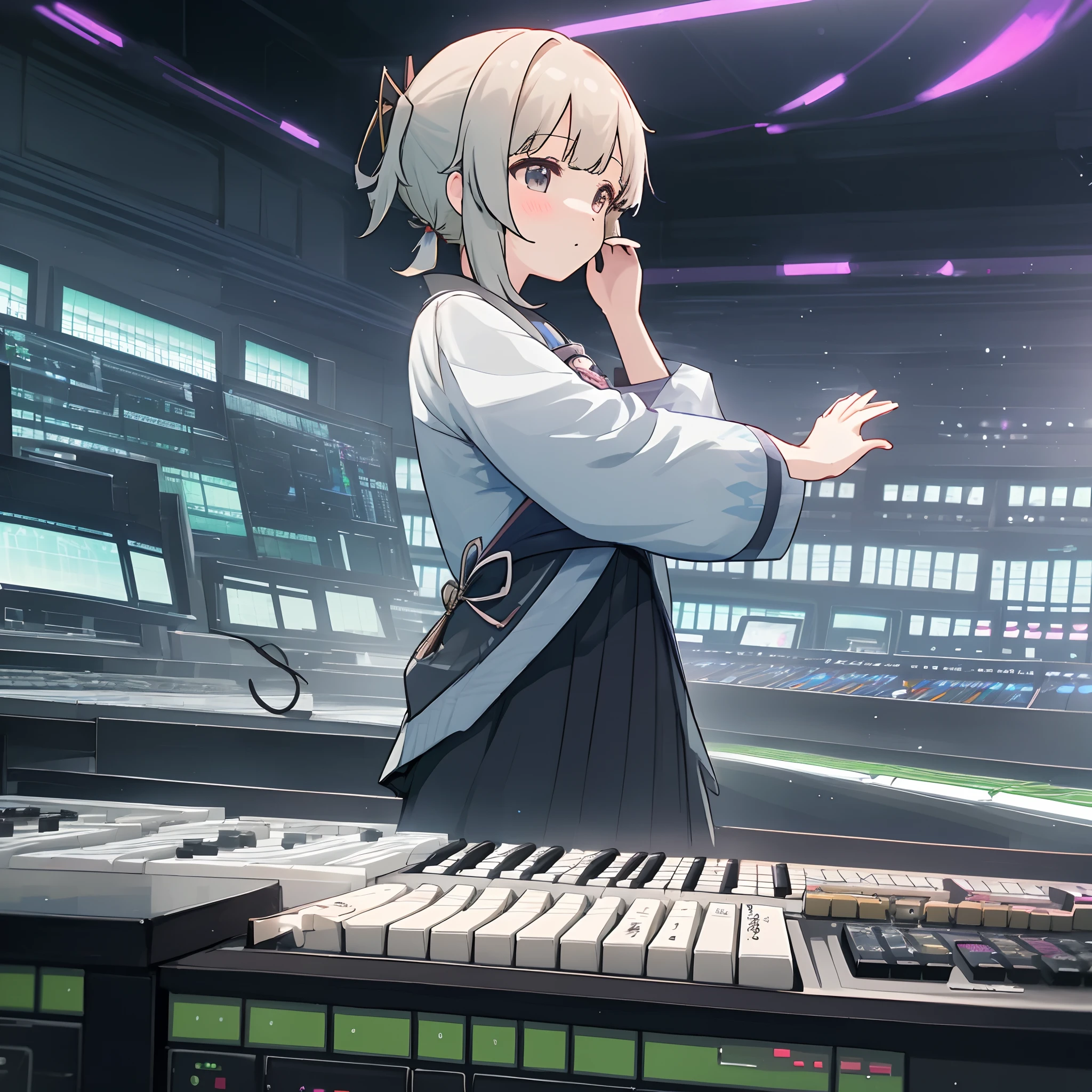 genshin_impact, 1girl, kamisato, ayaka, kamisato_ayaka, fl_studio, computer, music_keyboard, studio_speakers, music_studio