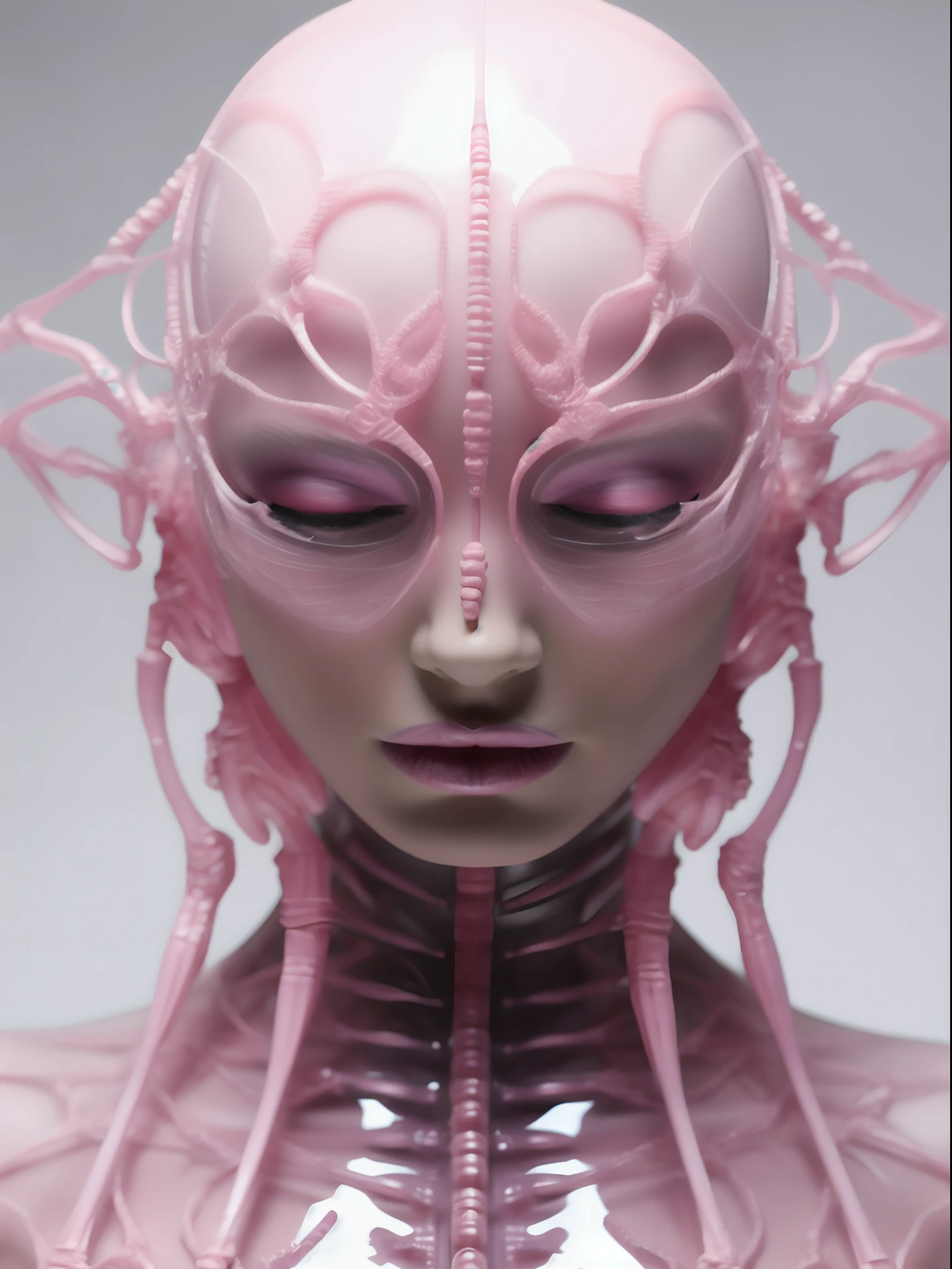 a closeup of a pink plastic head with a skeleton as body, Medusa cyberpunk, Cybernetic Machine Female Face, Retrato de uma rainha ciborgue, maquiagem cyberpunk intrincada - up, Retrato detalhado de um ciborgue, Retrato de um androide feminino, Retrato do humanoide feminino, Retrato de uma mulher sci - fi, transumano intrincado, modelo de moda ciborgue, Retrato do androide feminino