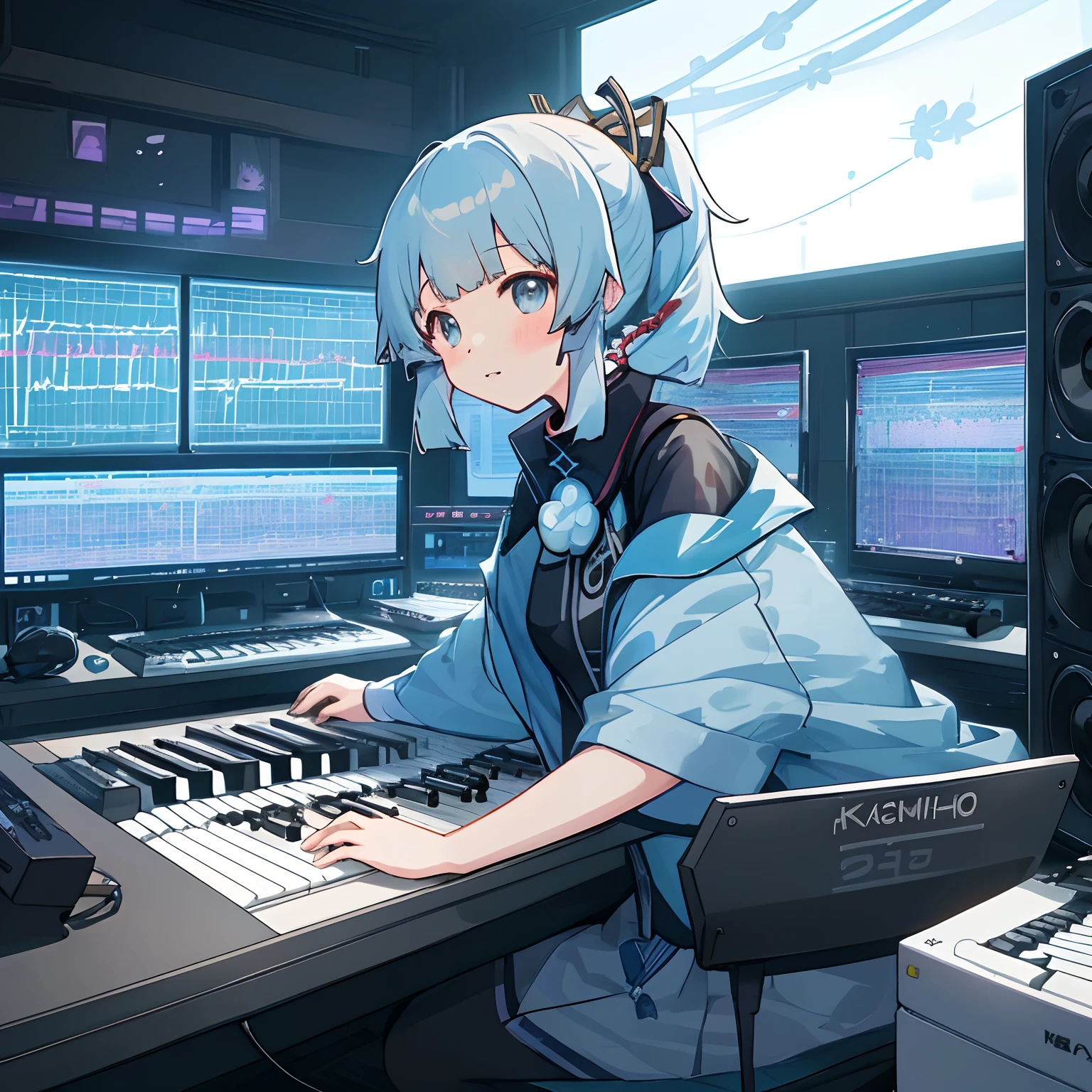genshin_impact, 1girl, kamisato, ayaka, kamisato_ayaka, fl_studio, computer, music_keyboard, studio_speakers, music_studio, blue_hair